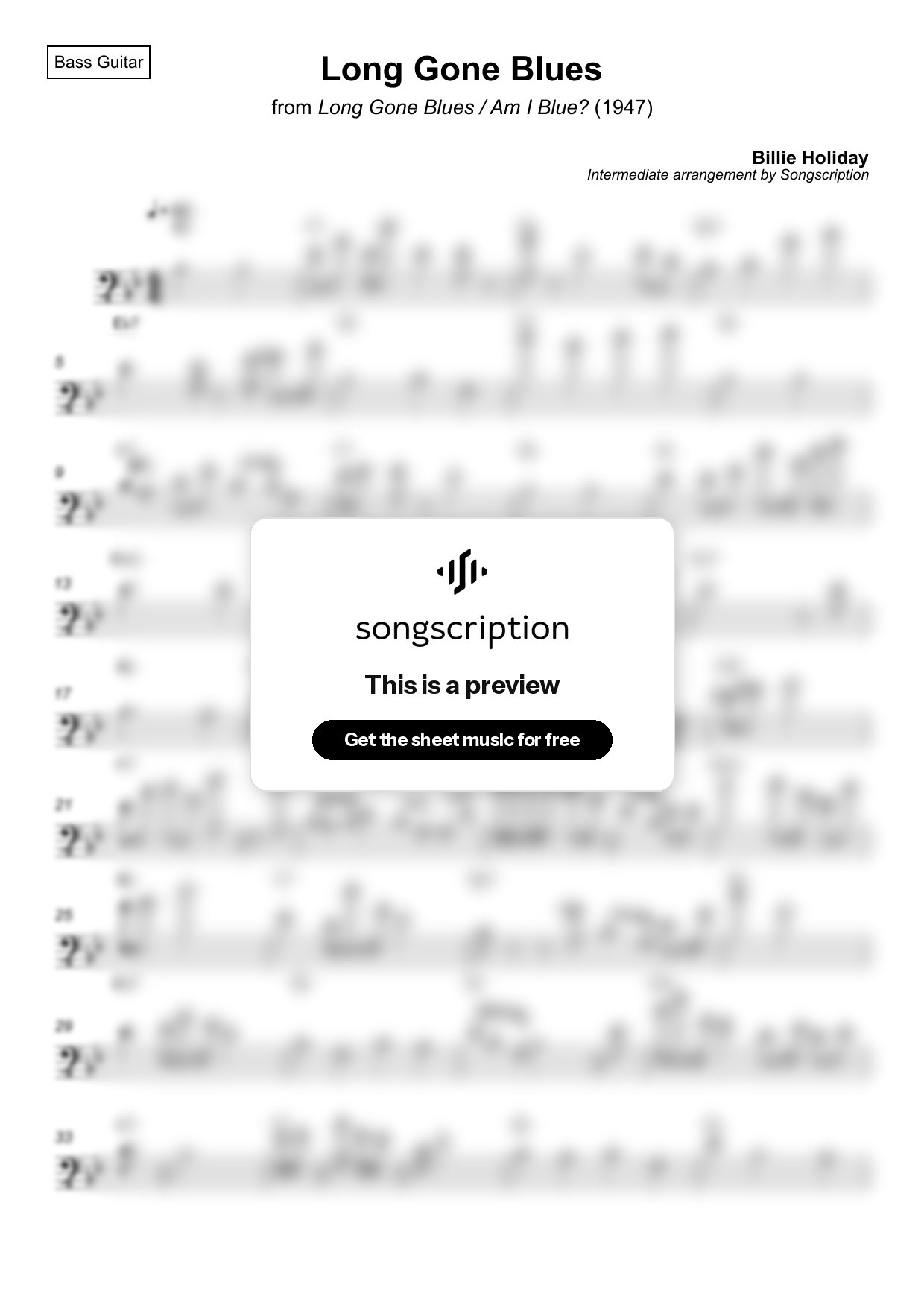 Intermediate Bass Guitar Sheet Music for "Long Gone Blues" by Billie Holiday