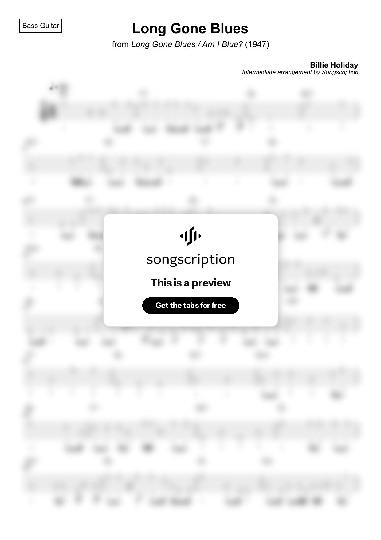 Intermediate Bass Guitar Tabs for "Long Gone Blues" by Billie Holiday