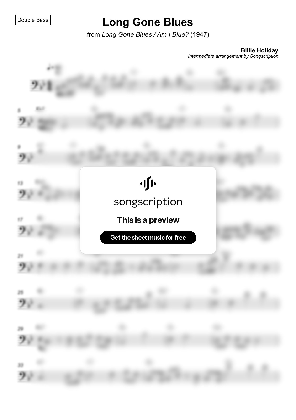 Intermediate Double Bass Sheet Music for "Long Gone Blues" by Billie Holiday