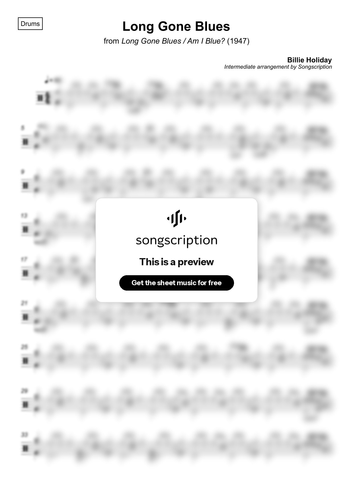 Intermediate Drums Sheet Music for "Long Gone Blues" by Billie Holiday