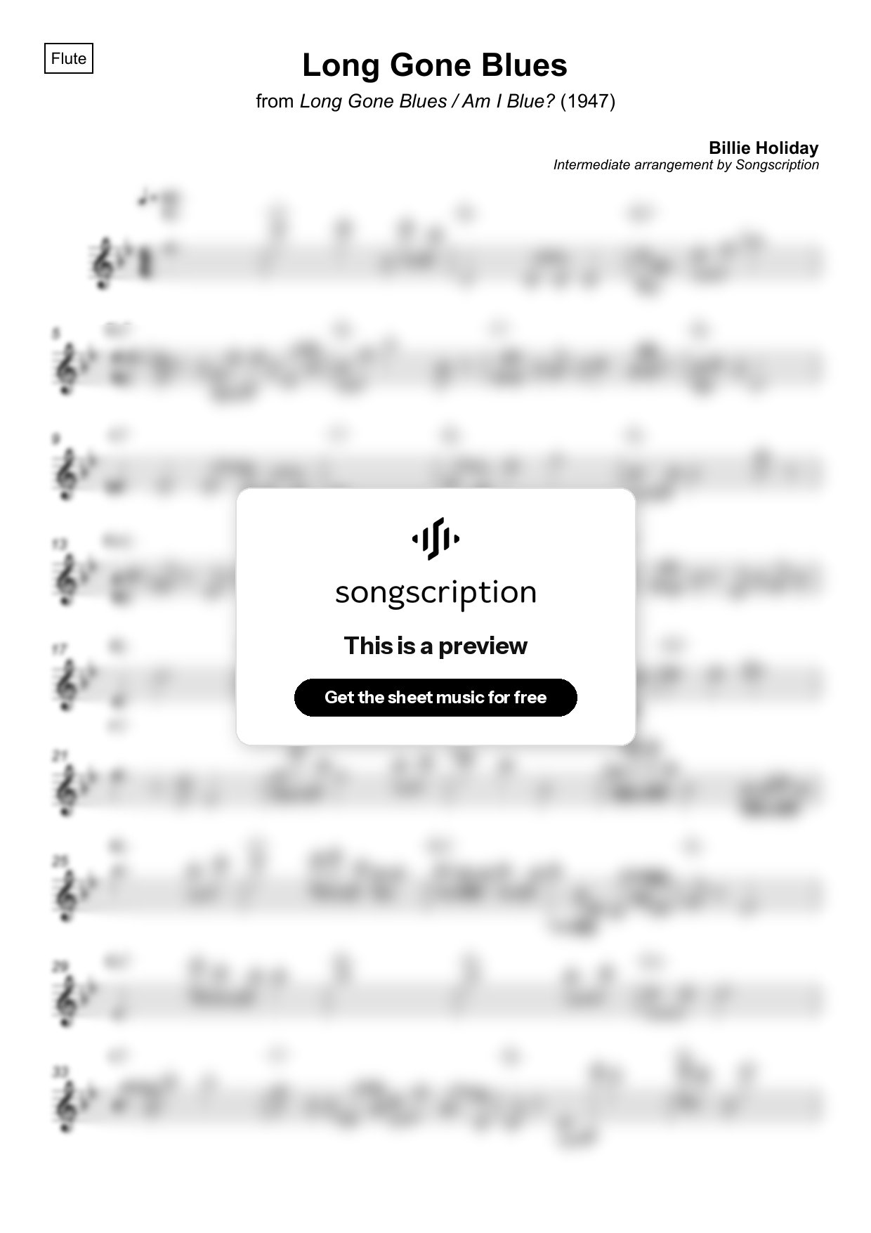 Intermediate Flute Sheet Music for "Long Gone Blues" by Billie Holiday