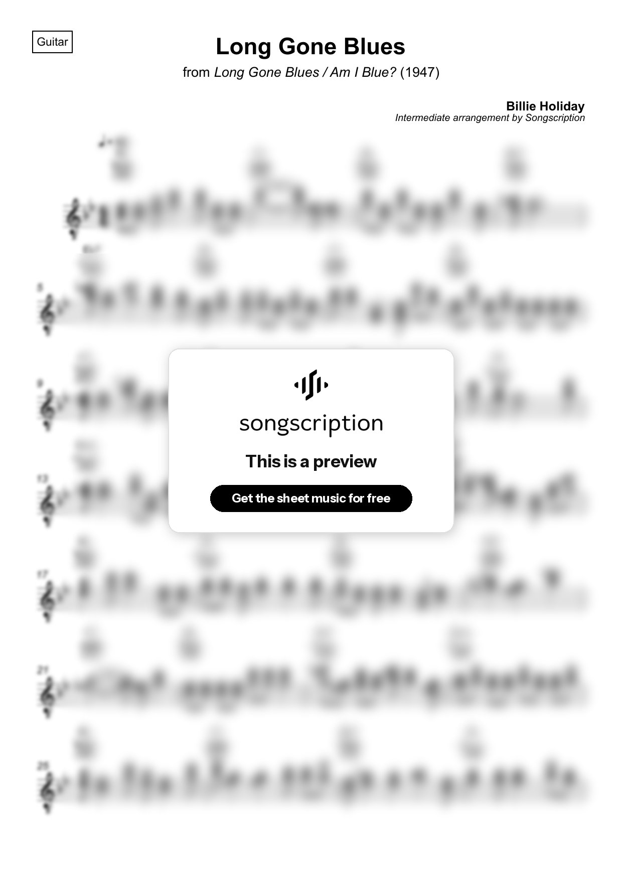 Intermediate Acoustic Guitar Sheet Music for "Long Gone Blues" by Billie Holiday