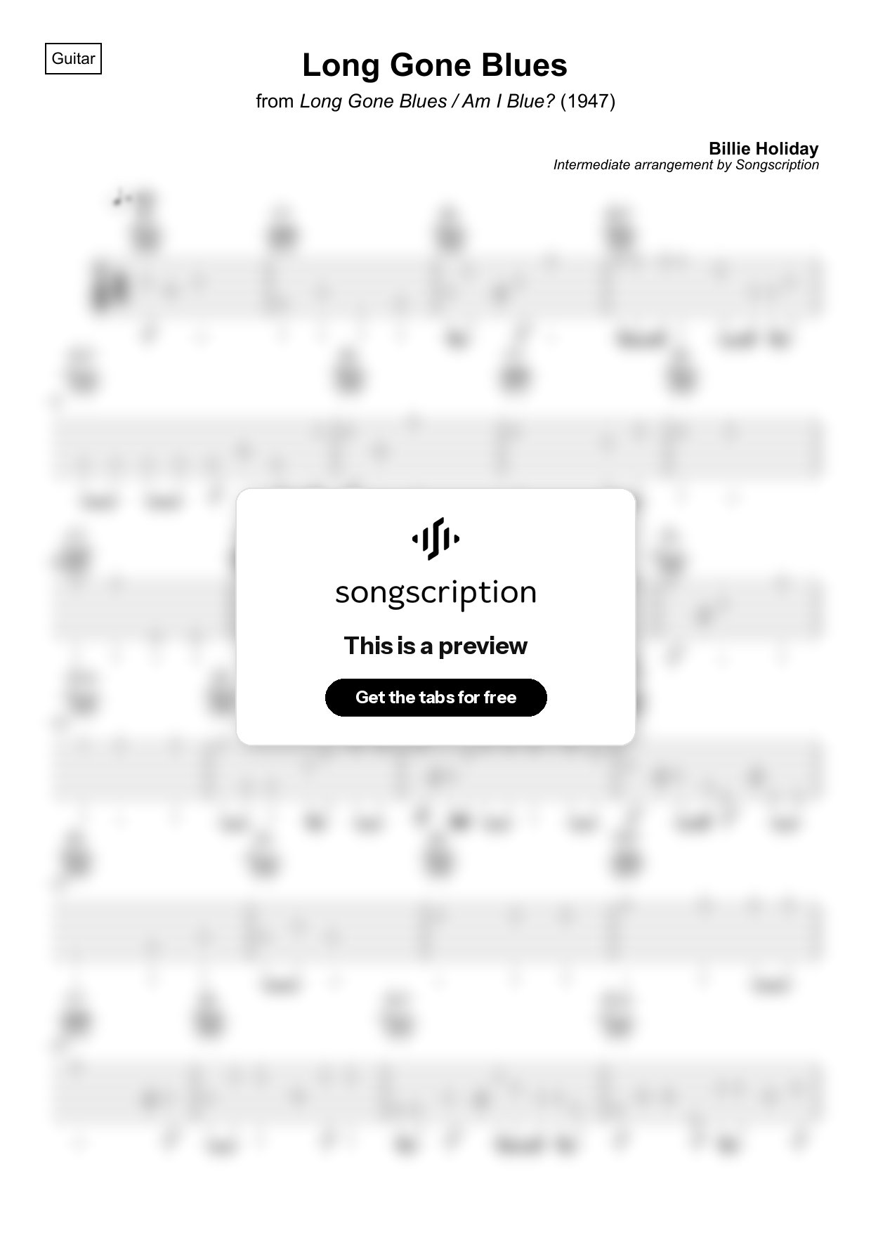 Intermediate Acoustic Guitar Tabs for "Long Gone Blues" by Billie Holiday