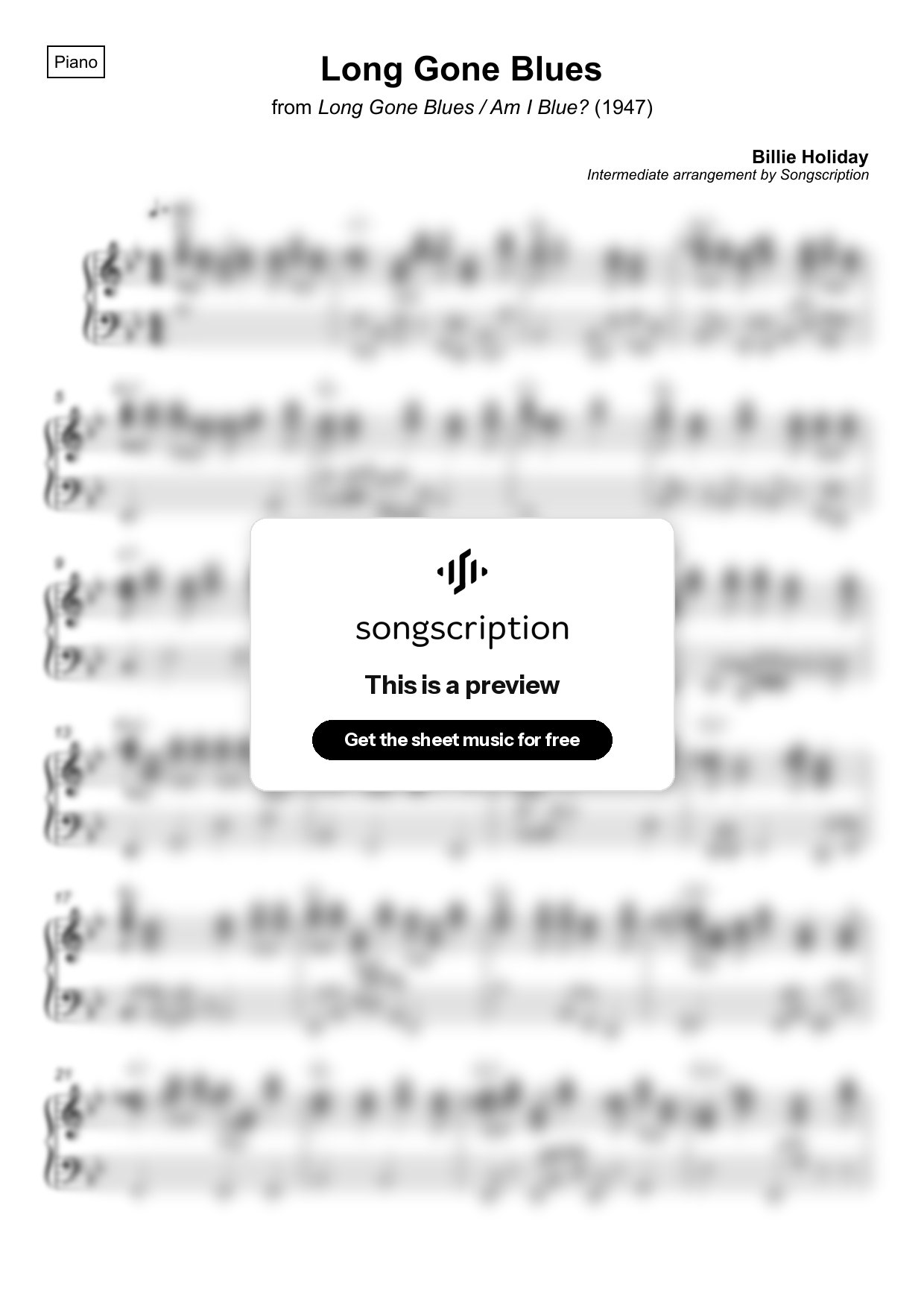 Intermediate Piano Sheet Music for "Long Gone Blues" by Billie Holiday