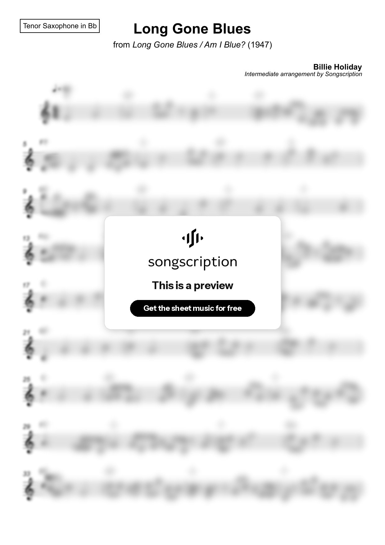 Intermediate Tenor Sax Sheet Music for "Long Gone Blues" by Billie Holiday