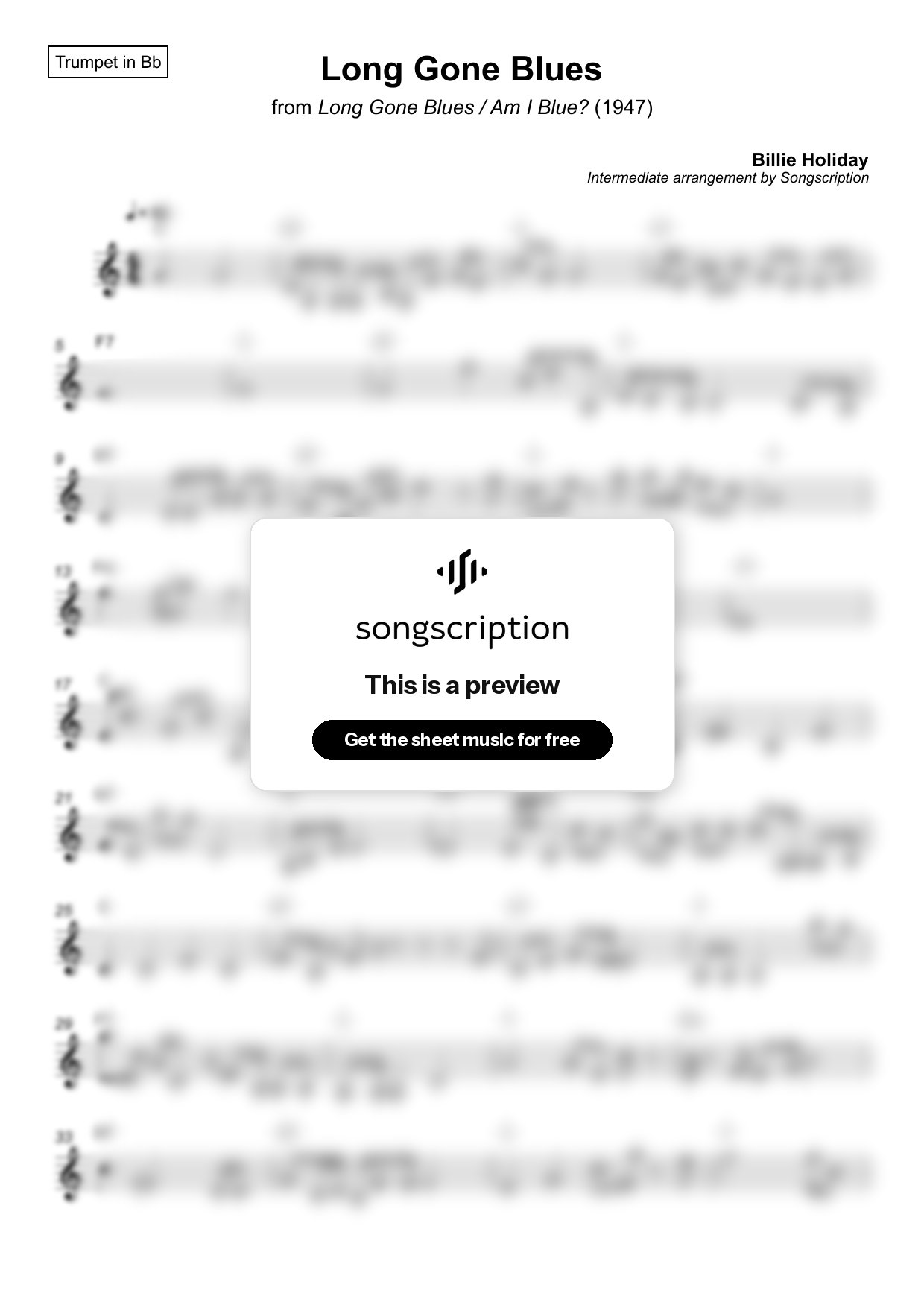 Intermediate Trumpet Sheet Music for "Long Gone Blues" by Billie Holiday
