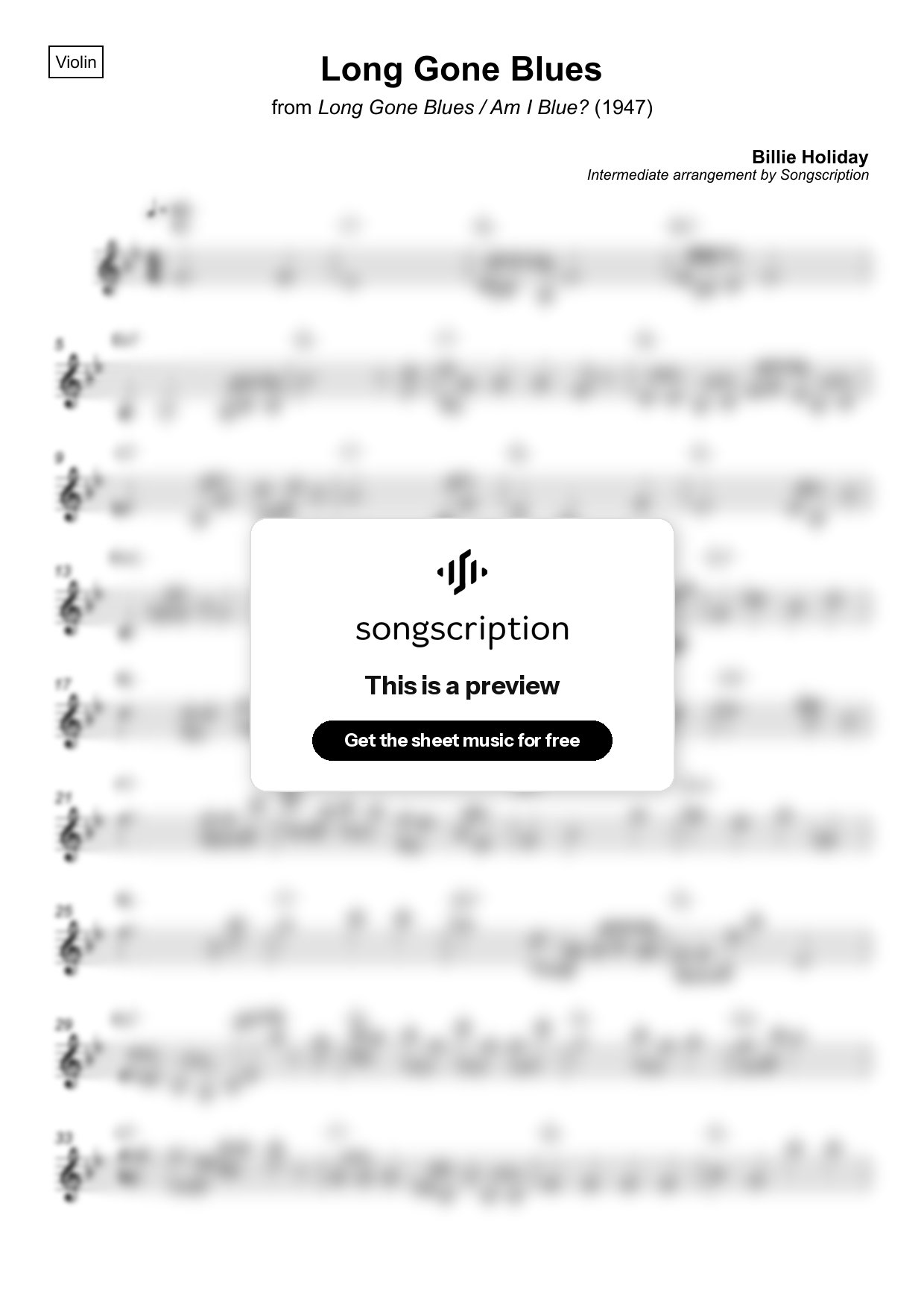 Intermediate Violin Sheet Music for "Long Gone Blues" by Billie Holiday