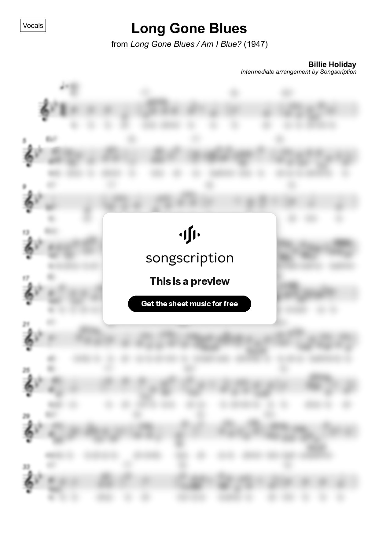 Intermediate Vocals Sheet Music for "Long Gone Blues" by Billie Holiday
