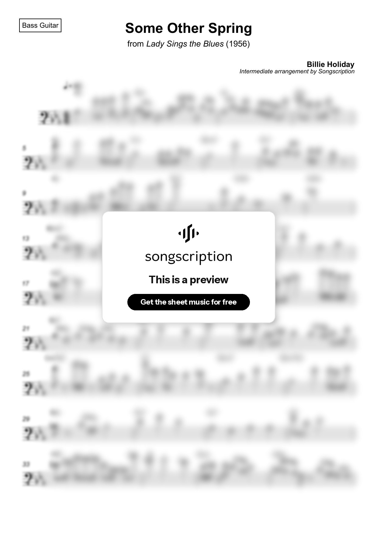 Intermediate Bass Guitar Sheet Music for "Some Other Spring" by Billie Holiday