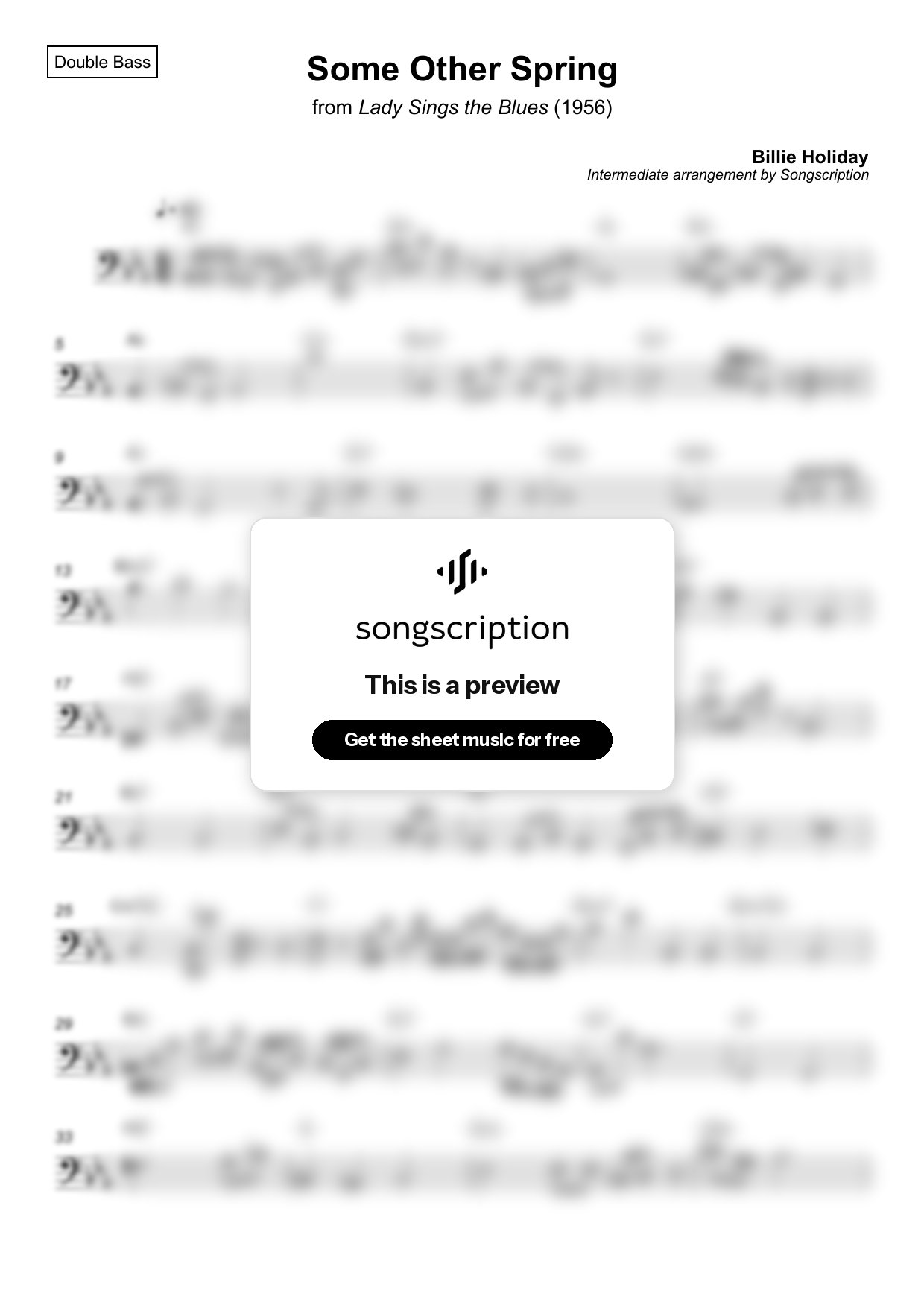 Intermediate Double Bass Sheet Music for "Some Other Spring" by Billie Holiday