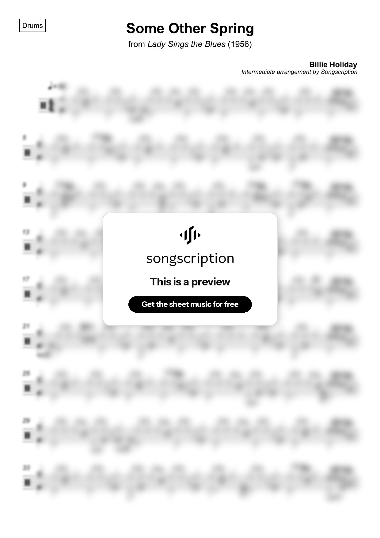 Intermediate Drums Sheet Music for "Some Other Spring" by Billie Holiday