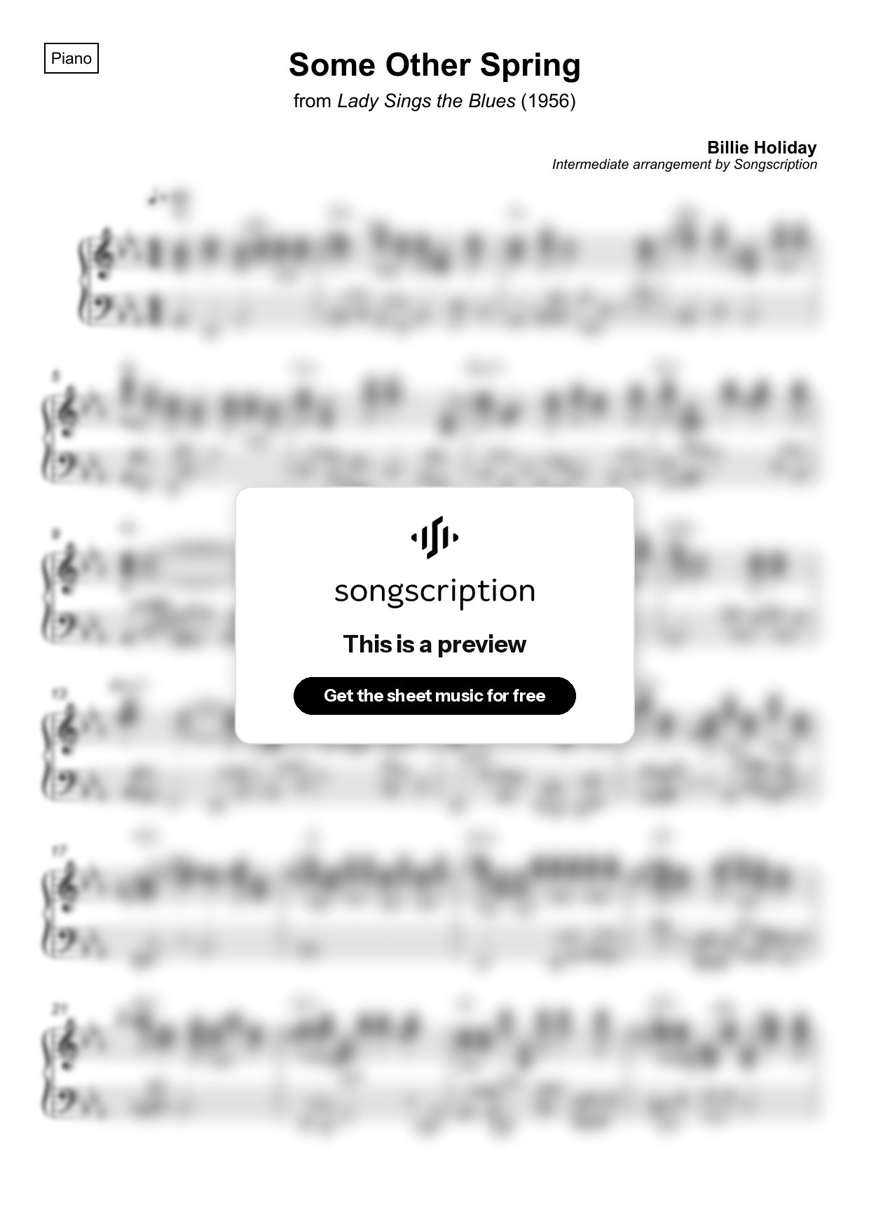 Intermediate Piano Sheet Music for "Some Other Spring" by Billie Holiday