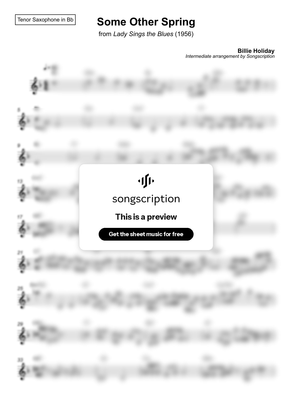 Intermediate Tenor Sax Sheet Music for "Some Other Spring" by Billie Holiday