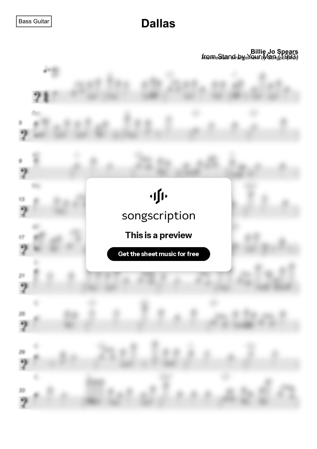 Intermediate Bass Guitar Sheet Music for "Dallas" by Billie Jo Spears