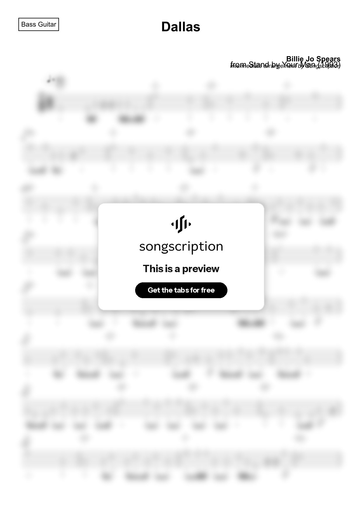 Intermediate Bass Guitar Tabs for "Dallas" by Billie Jo Spears