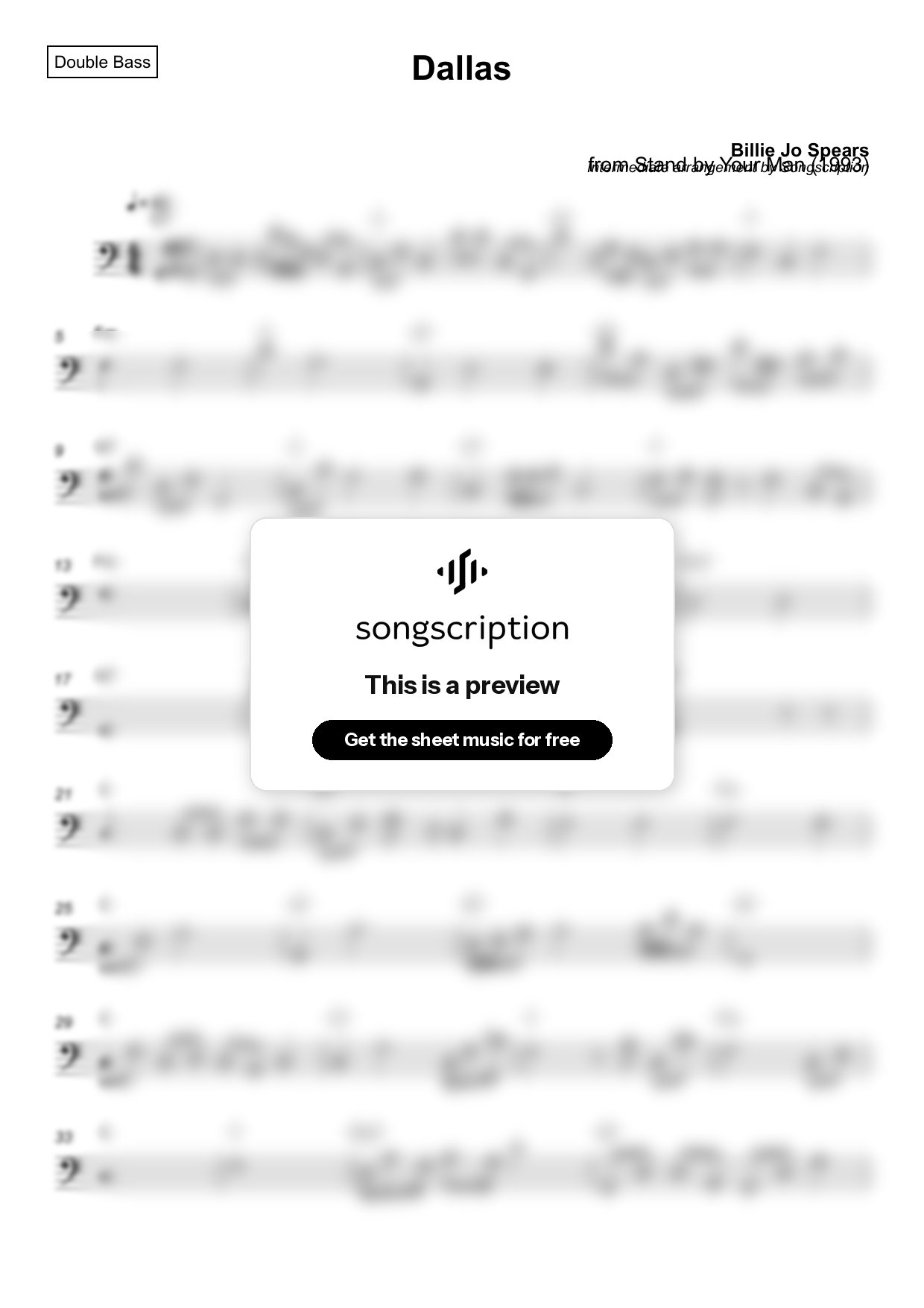 Intermediate Double Bass Sheet Music for "Dallas" by Billie Jo Spears