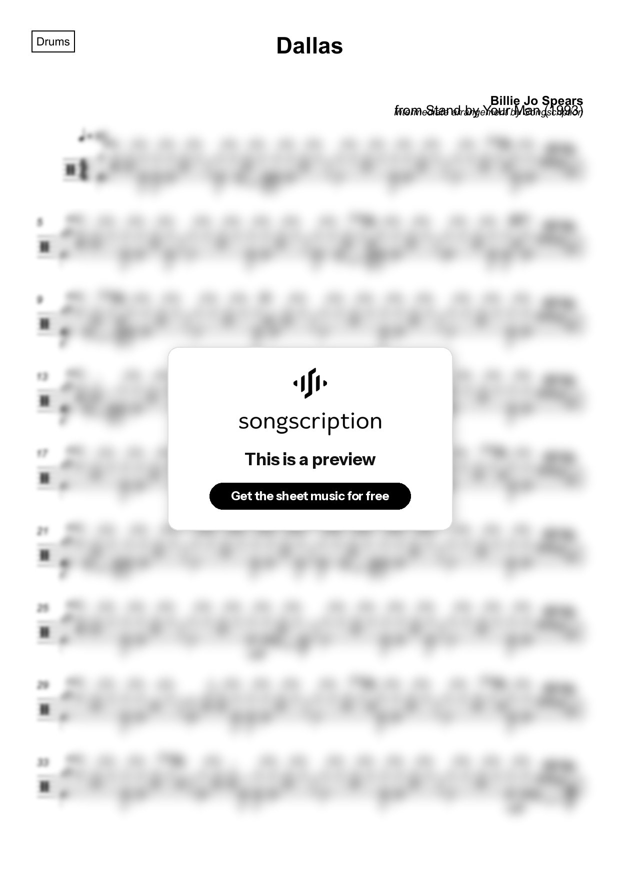 Intermediate Drums Sheet Music for "Dallas" by Billie Jo Spears