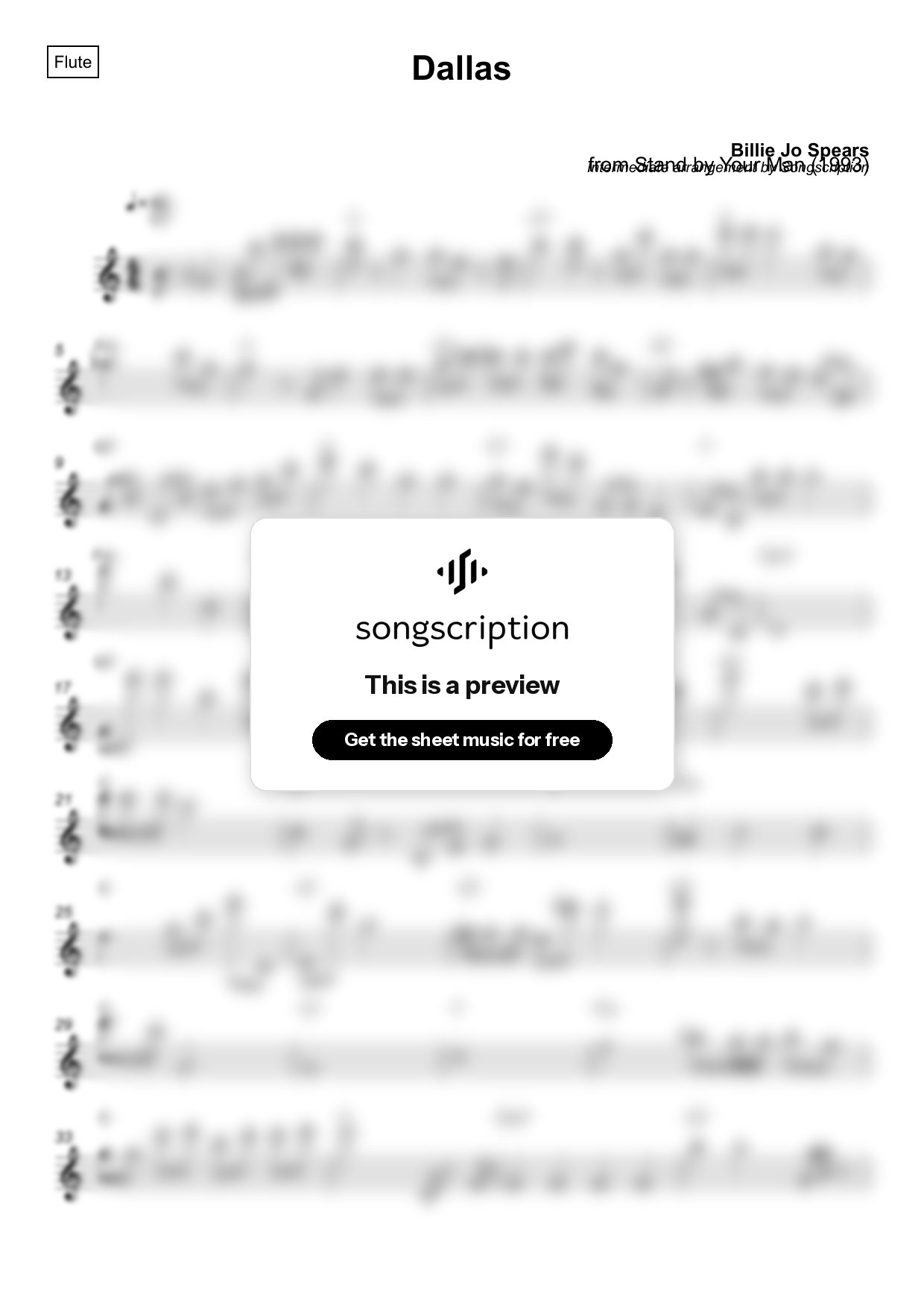 Intermediate Flute Sheet Music for "Dallas" by Billie Jo Spears