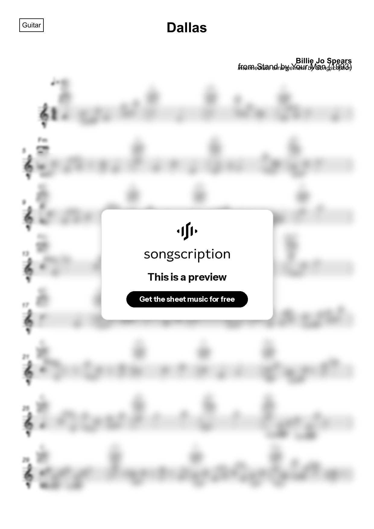 Intermediate Acoustic Guitar Sheet Music for "Dallas" by Billie Jo Spears