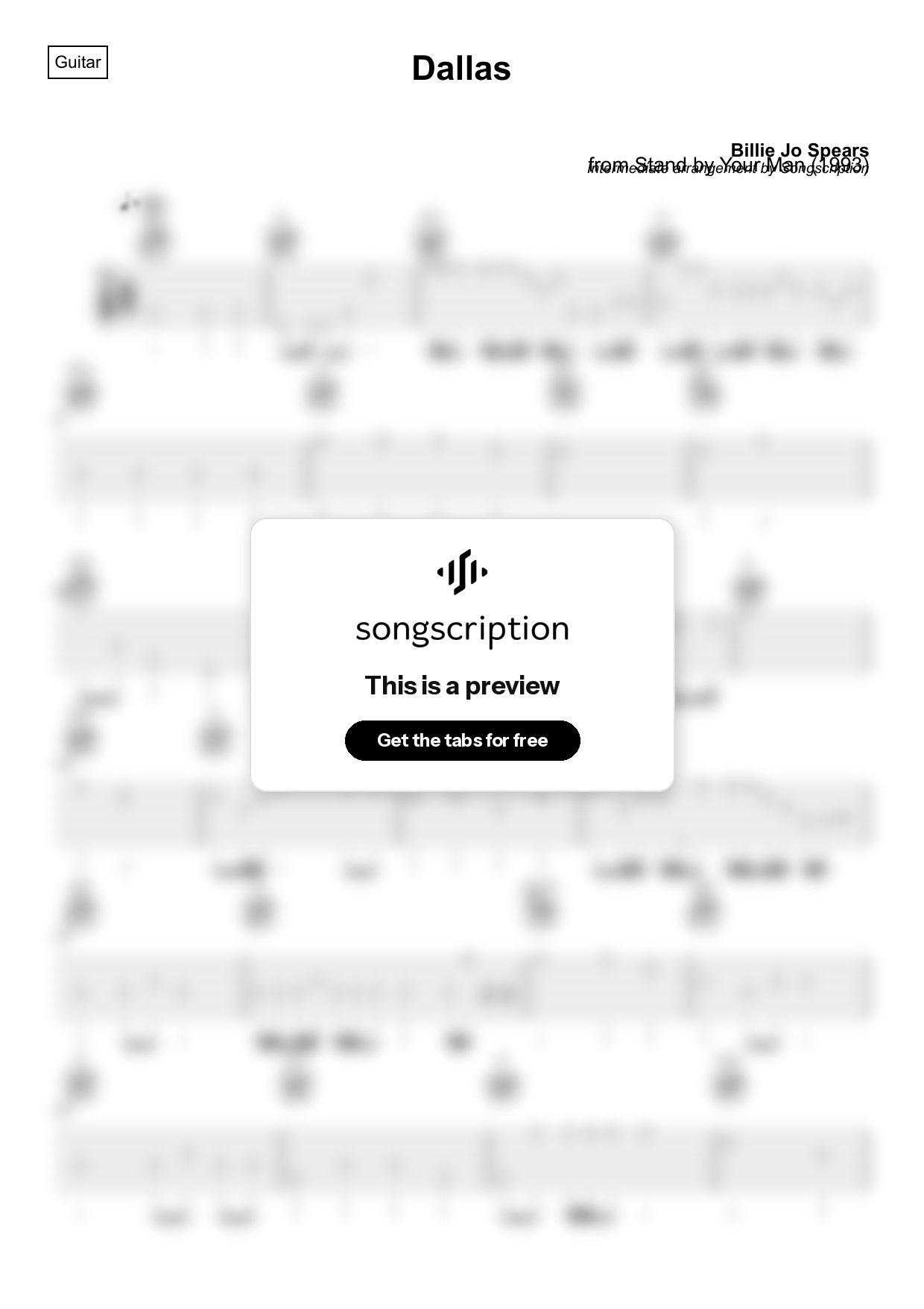 Intermediate Acoustic Guitar Tabs for "Dallas" by Billie Jo Spears