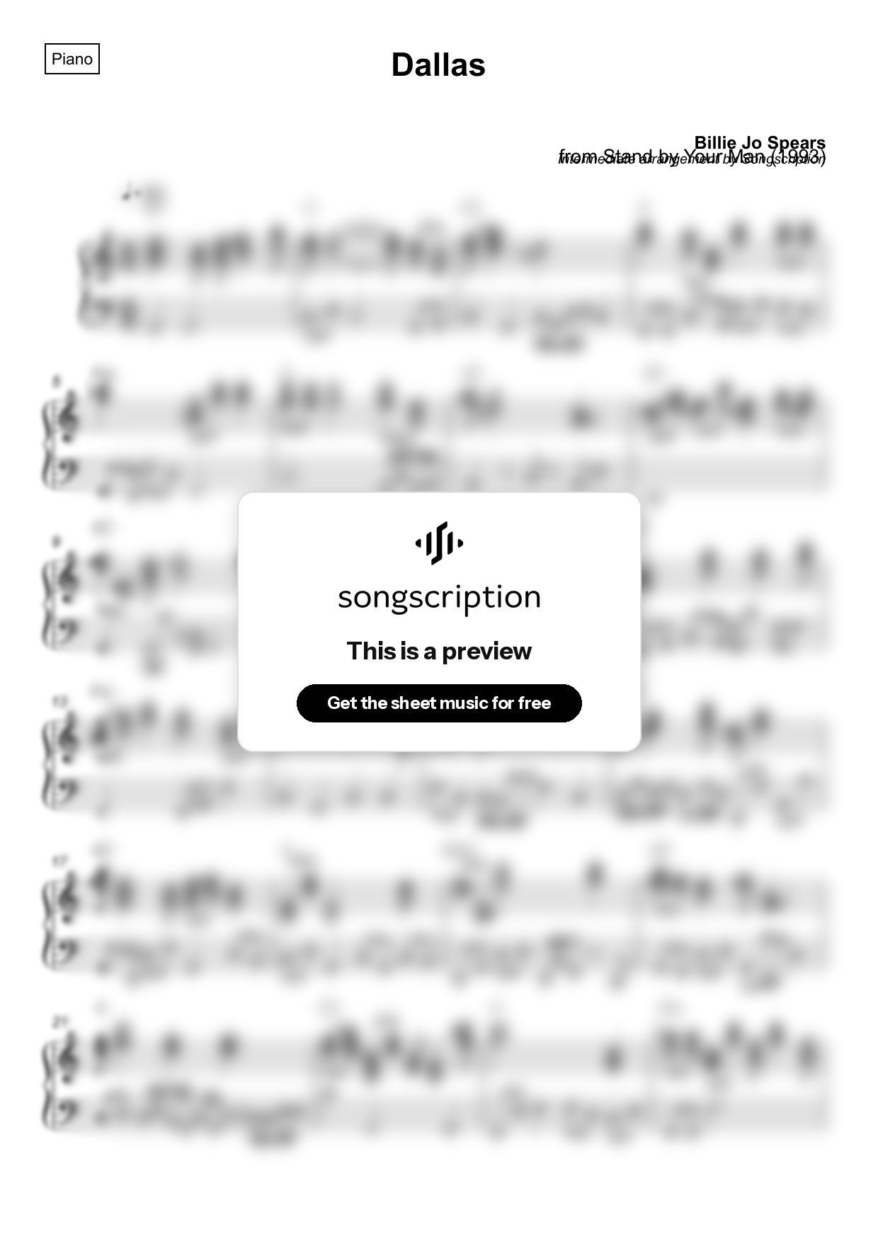 Intermediate Piano Sheet Music for "Dallas" by Billie Jo Spears