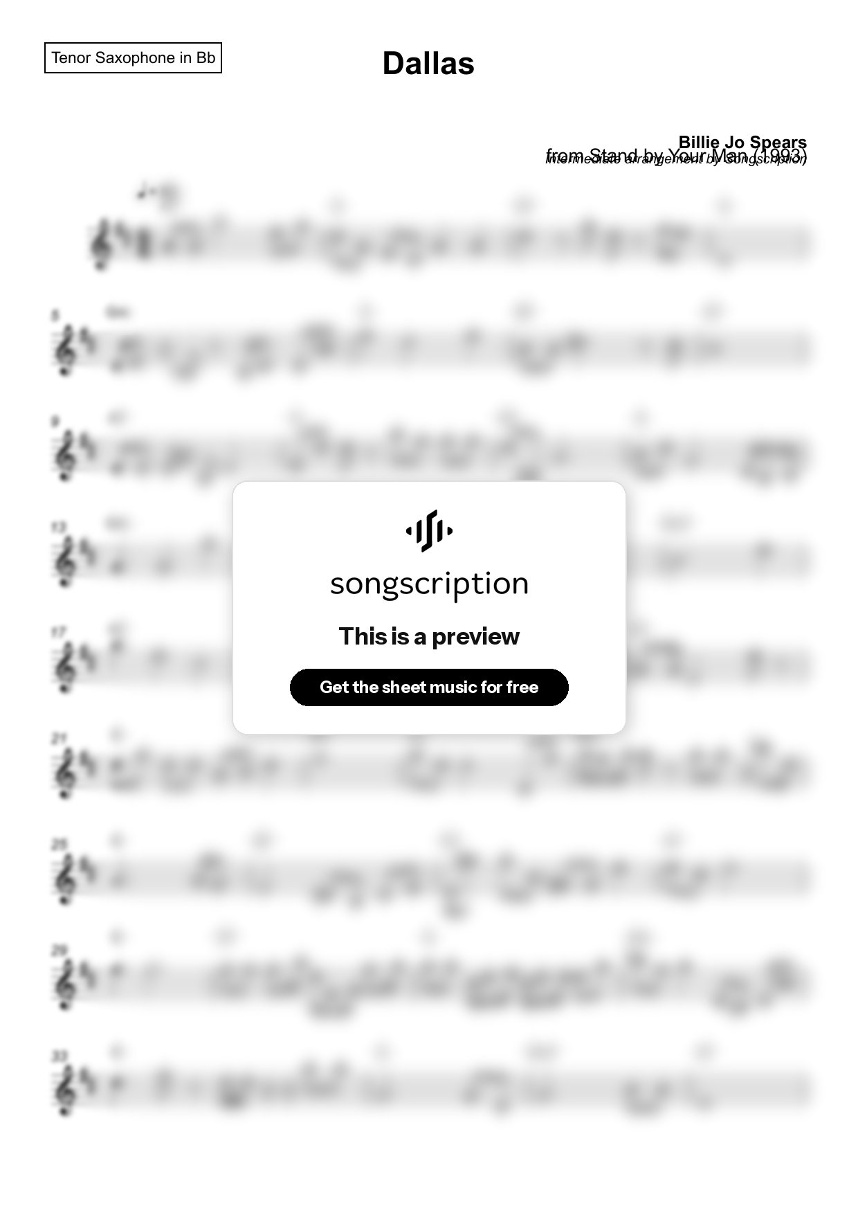 Intermediate Tenor Sax Sheet Music for "Dallas" by Billie Jo Spears