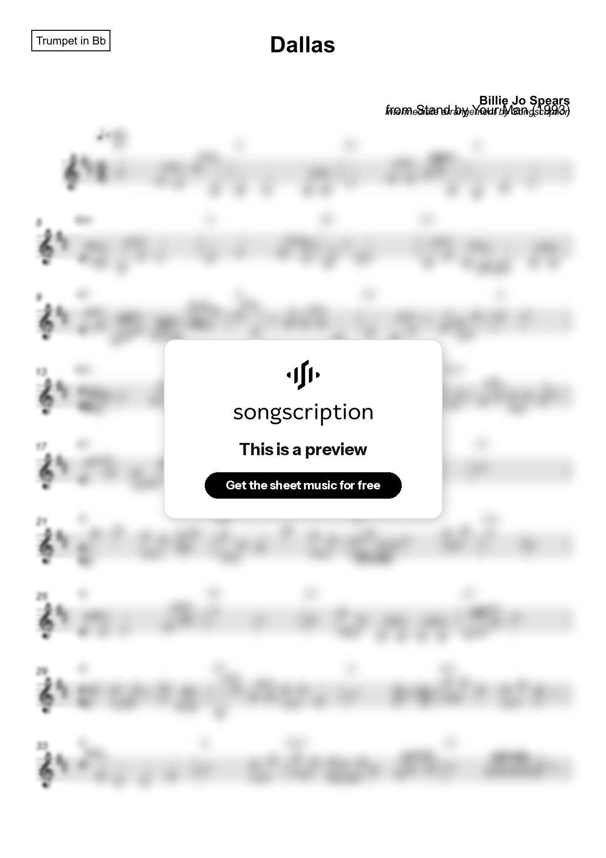 Intermediate Trumpet Sheet Music for "Dallas" by Billie Jo Spears