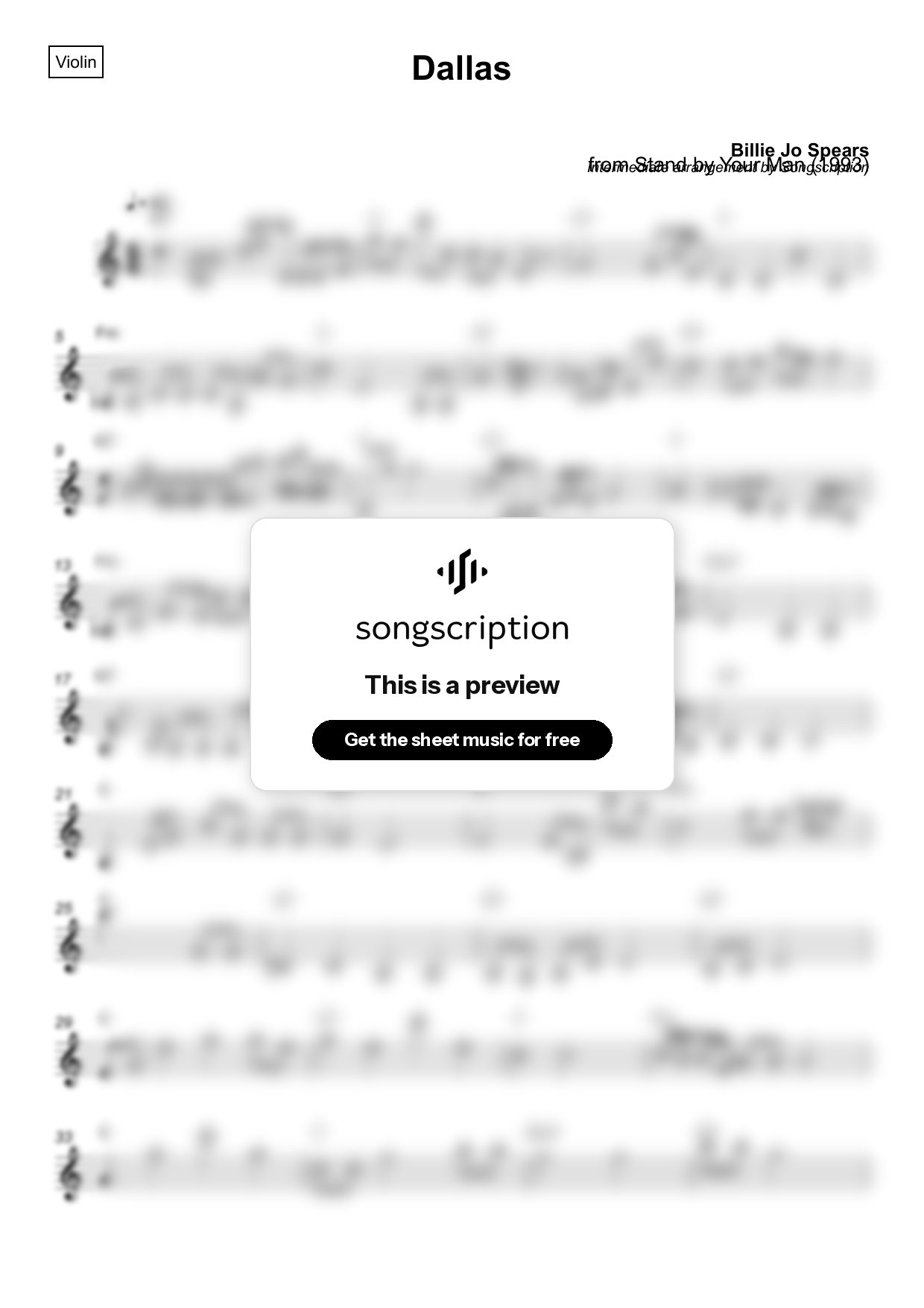 Intermediate Violin Sheet Music for "Dallas" by Billie Jo Spears
