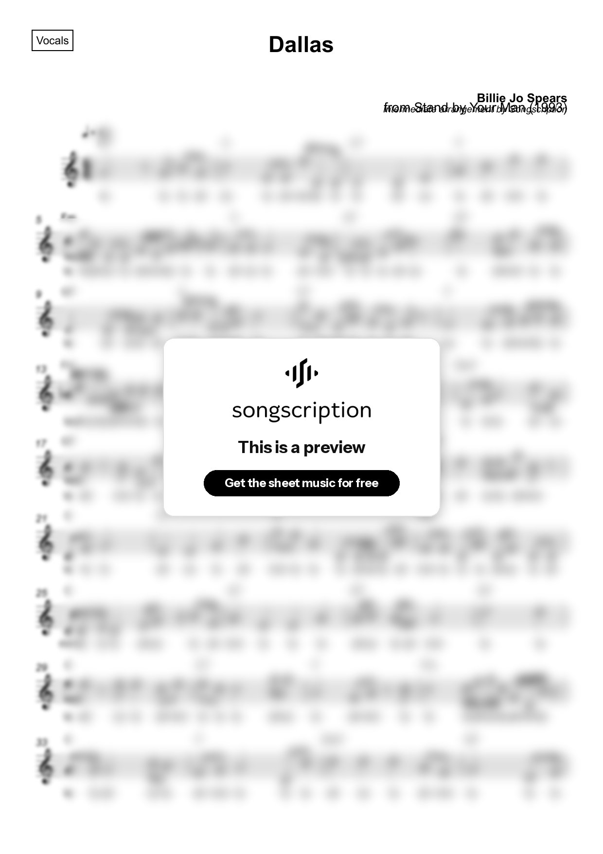 Intermediate Vocals Sheet Music for "Dallas" by Billie Jo Spears