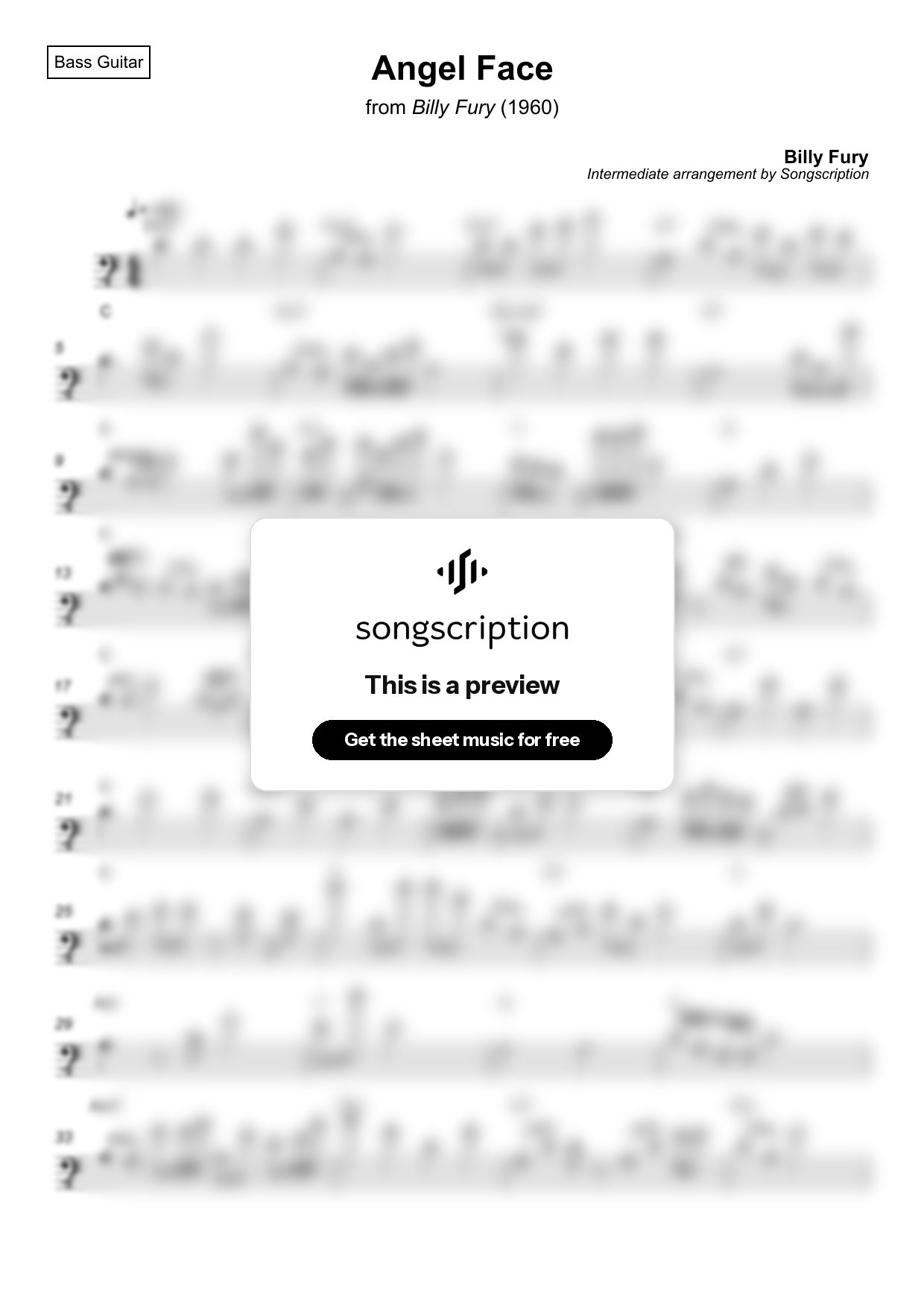 Intermediate Bass Guitar Sheet Music for "Angel Face" by Billy Fury