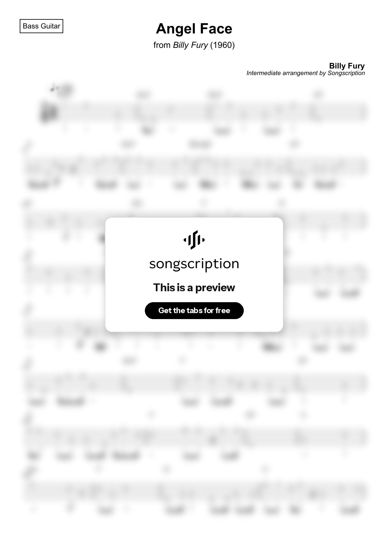 Intermediate Bass Guitar Tabs for "Angel Face" by Billy Fury