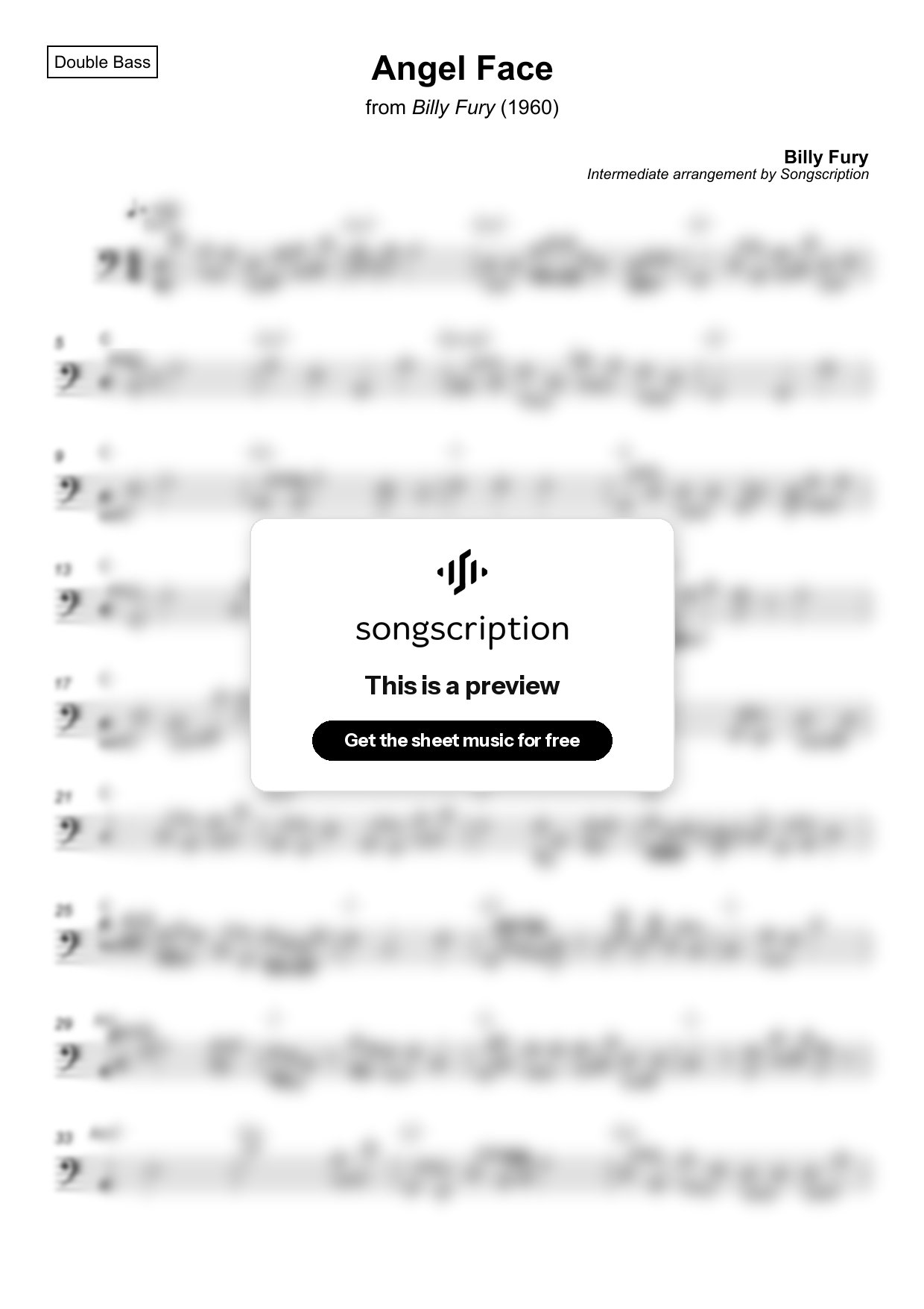 Intermediate Double Bass Sheet Music for "Angel Face" by Billy Fury