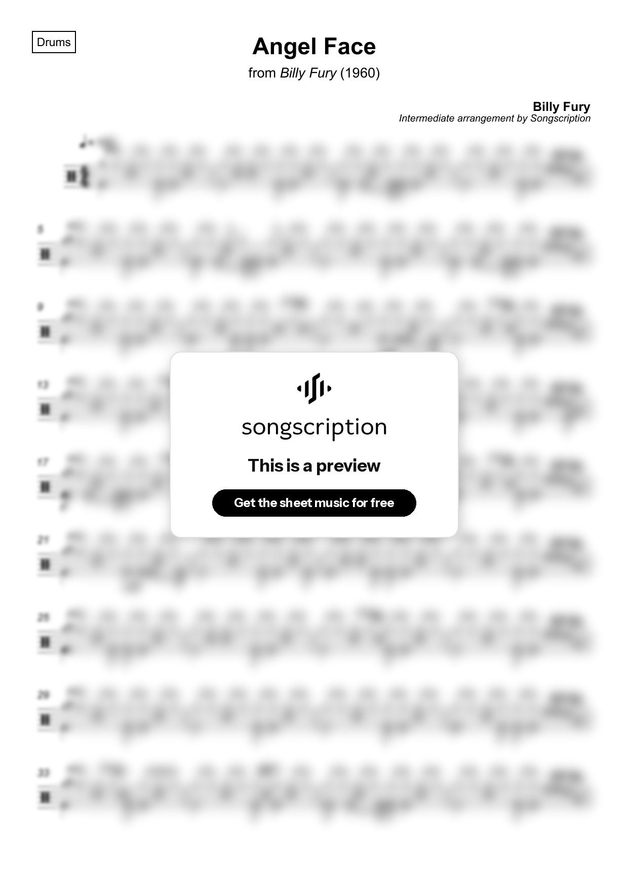 Intermediate Drums Sheet Music for "Angel Face" by Billy Fury