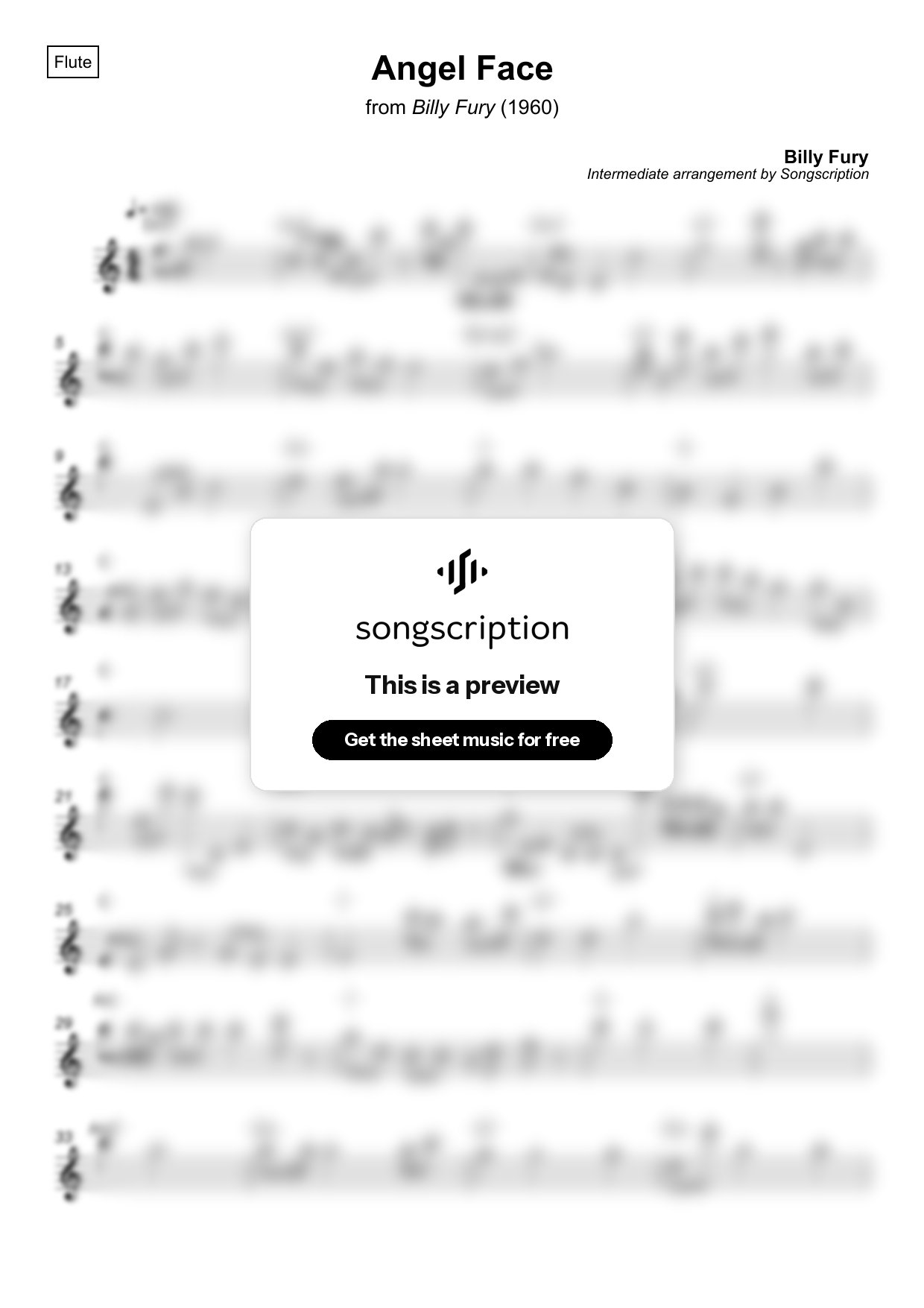 Intermediate Flute Sheet Music for "Angel Face" by Billy Fury