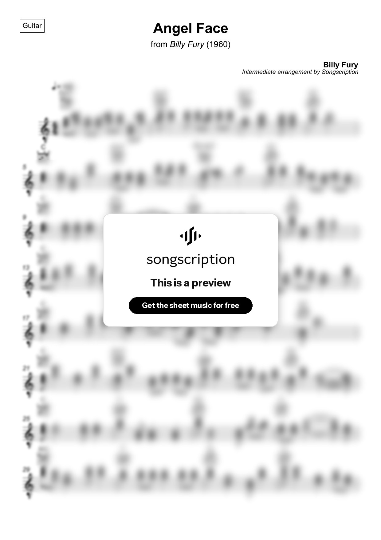 Intermediate Acoustic Guitar Sheet Music for "Angel Face" by Billy Fury