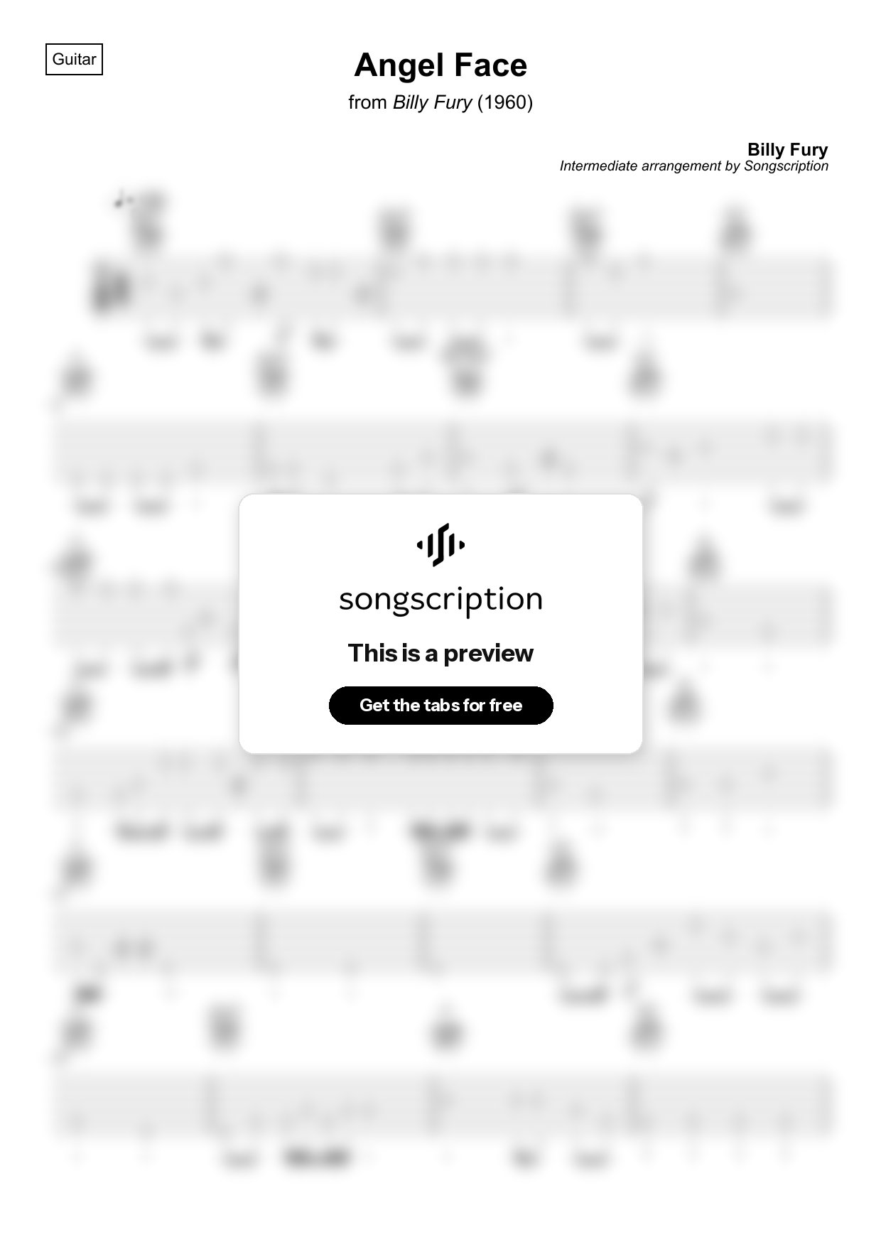 Intermediate Acoustic Guitar Tabs for "Angel Face" by Billy Fury
