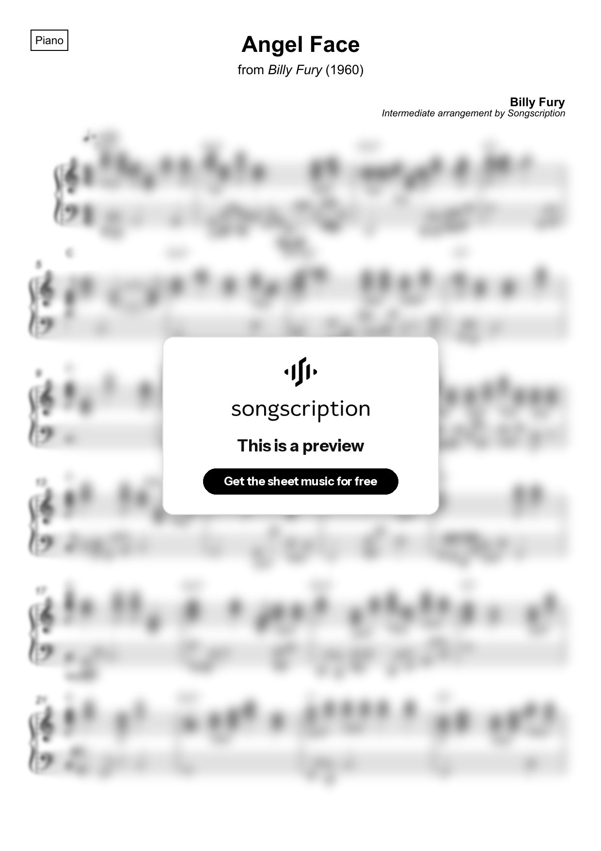 Intermediate Piano Sheet Music for "Angel Face" by Billy Fury