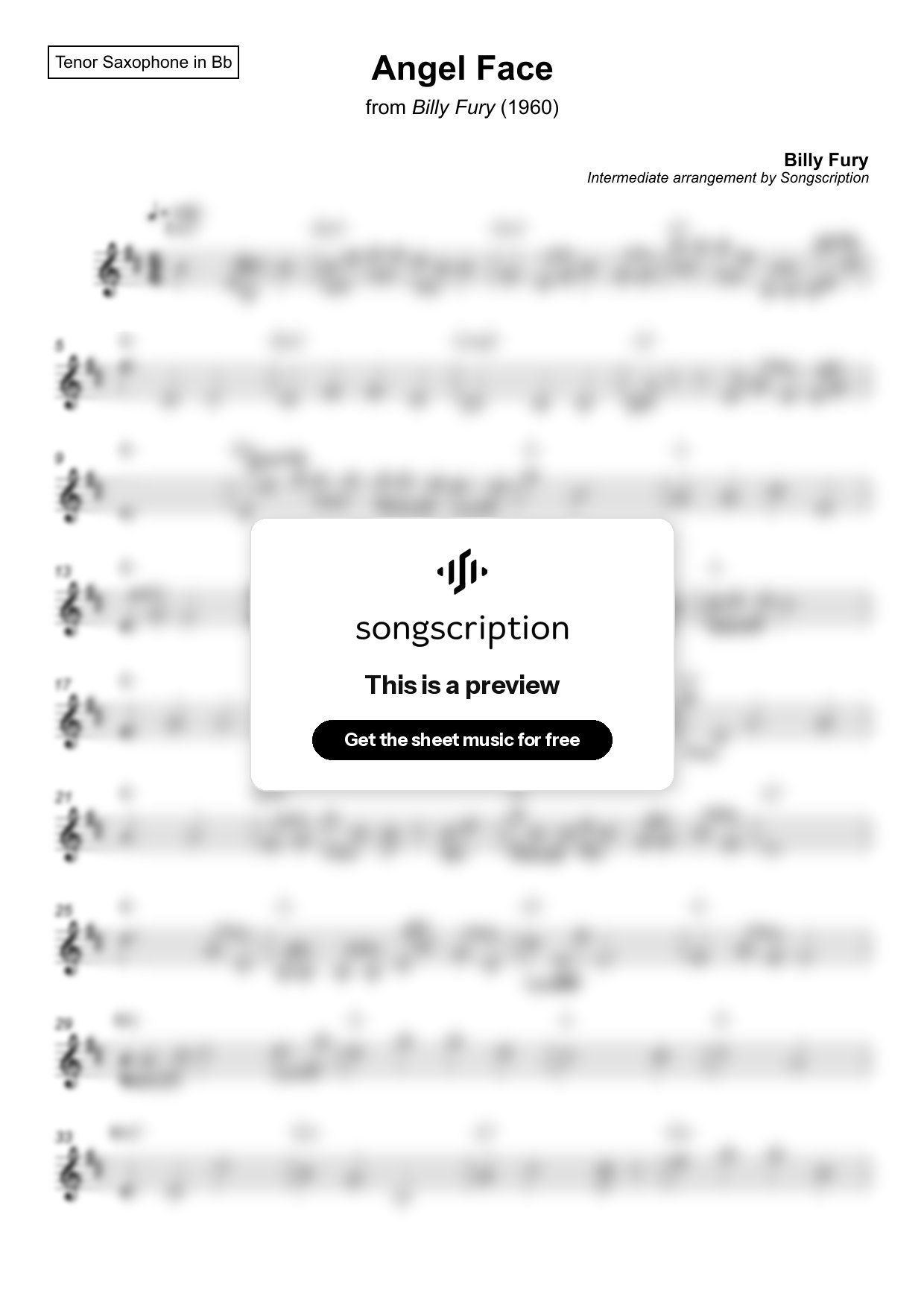 Intermediate Tenor Sax Sheet Music for "Angel Face" by Billy Fury