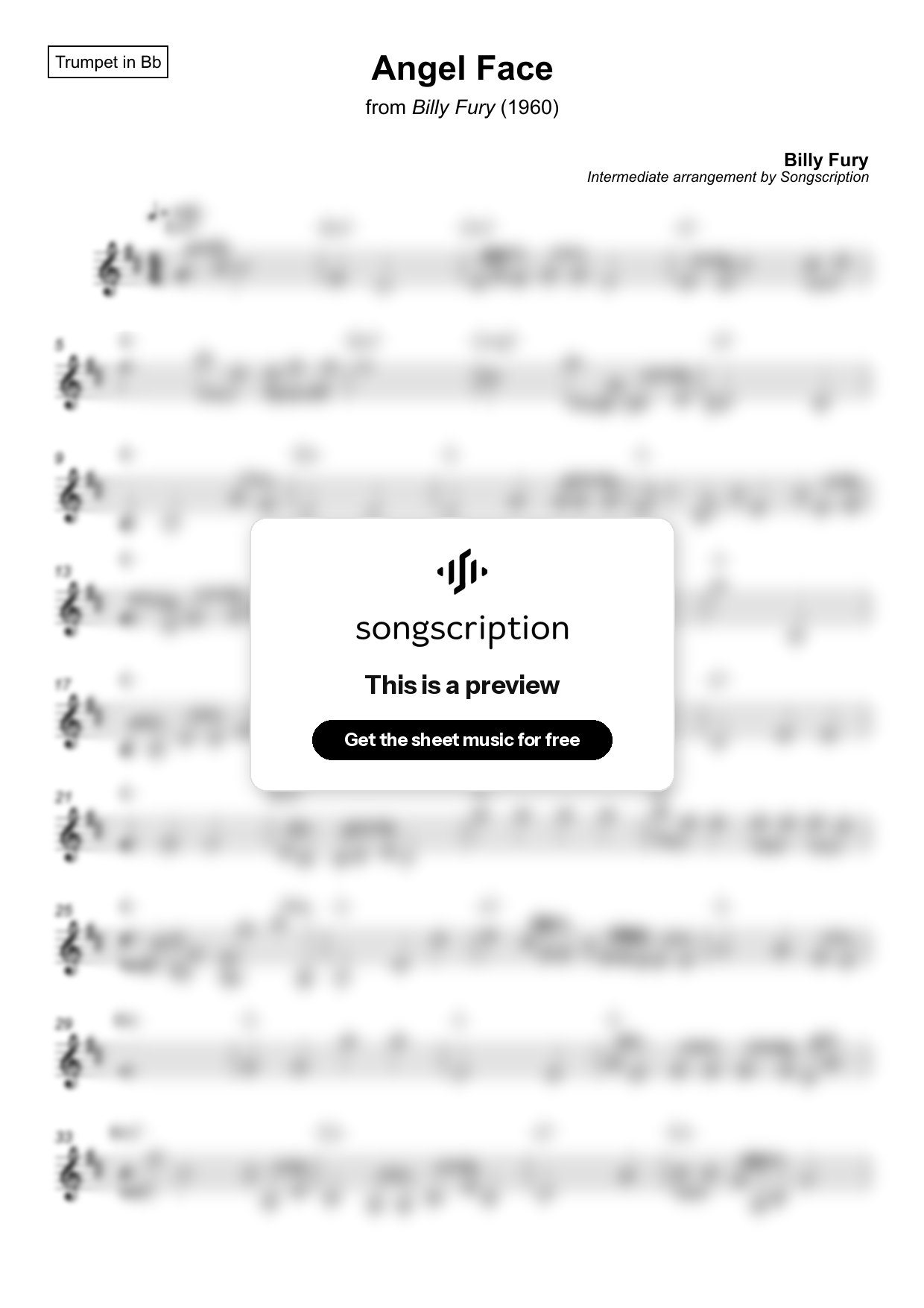 Intermediate Trumpet Sheet Music for "Angel Face" by Billy Fury