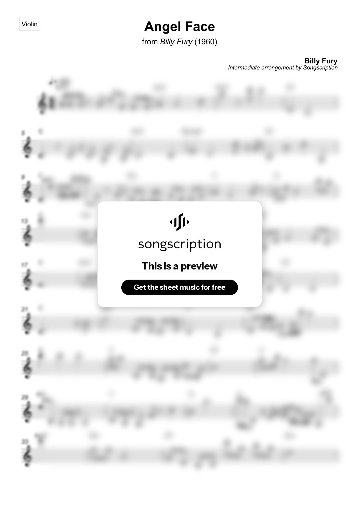 Intermediate Violin Sheet Music for "Angel Face" by Billy Fury