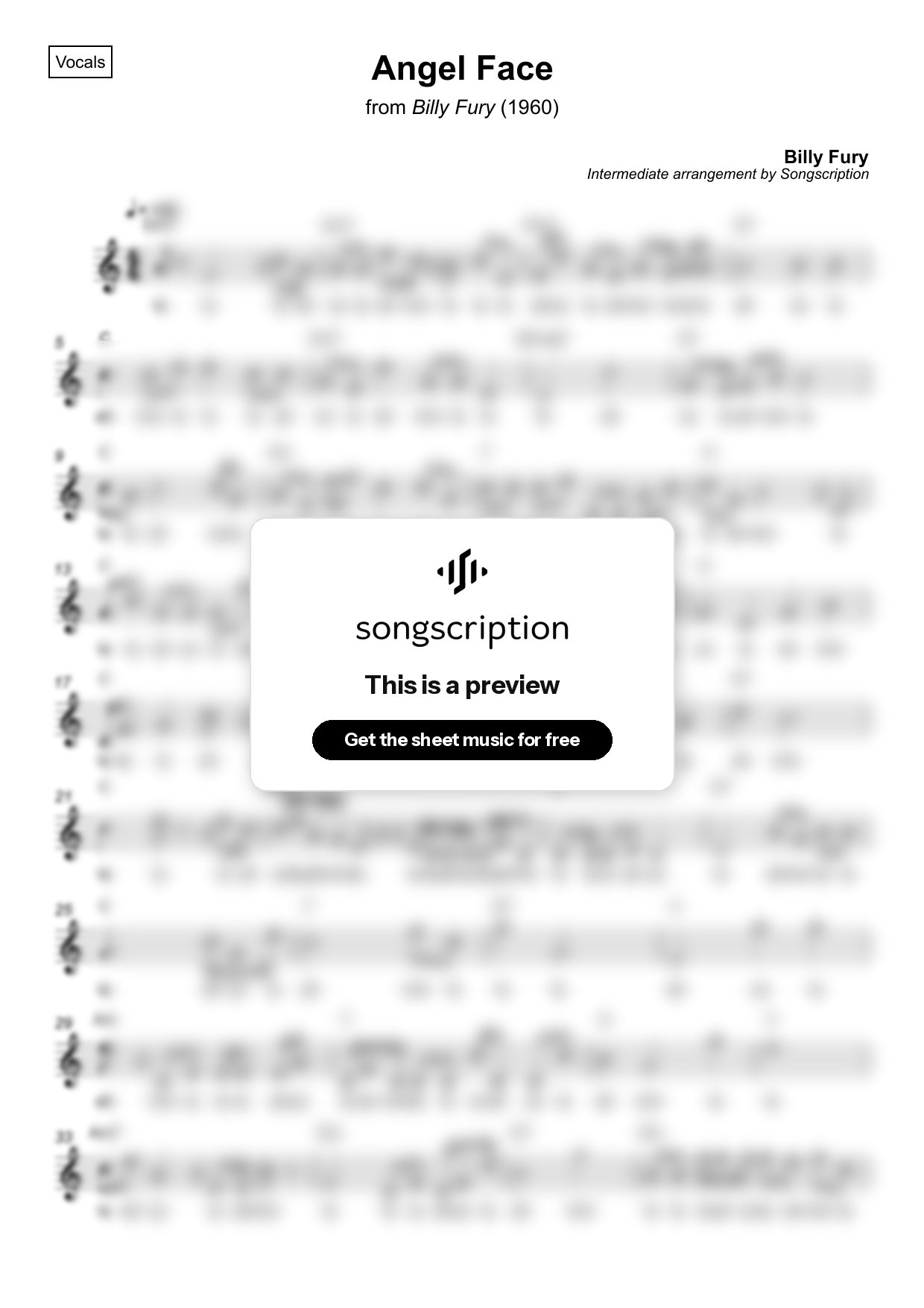 Intermediate Vocals Sheet Music for "Angel Face" by Billy Fury