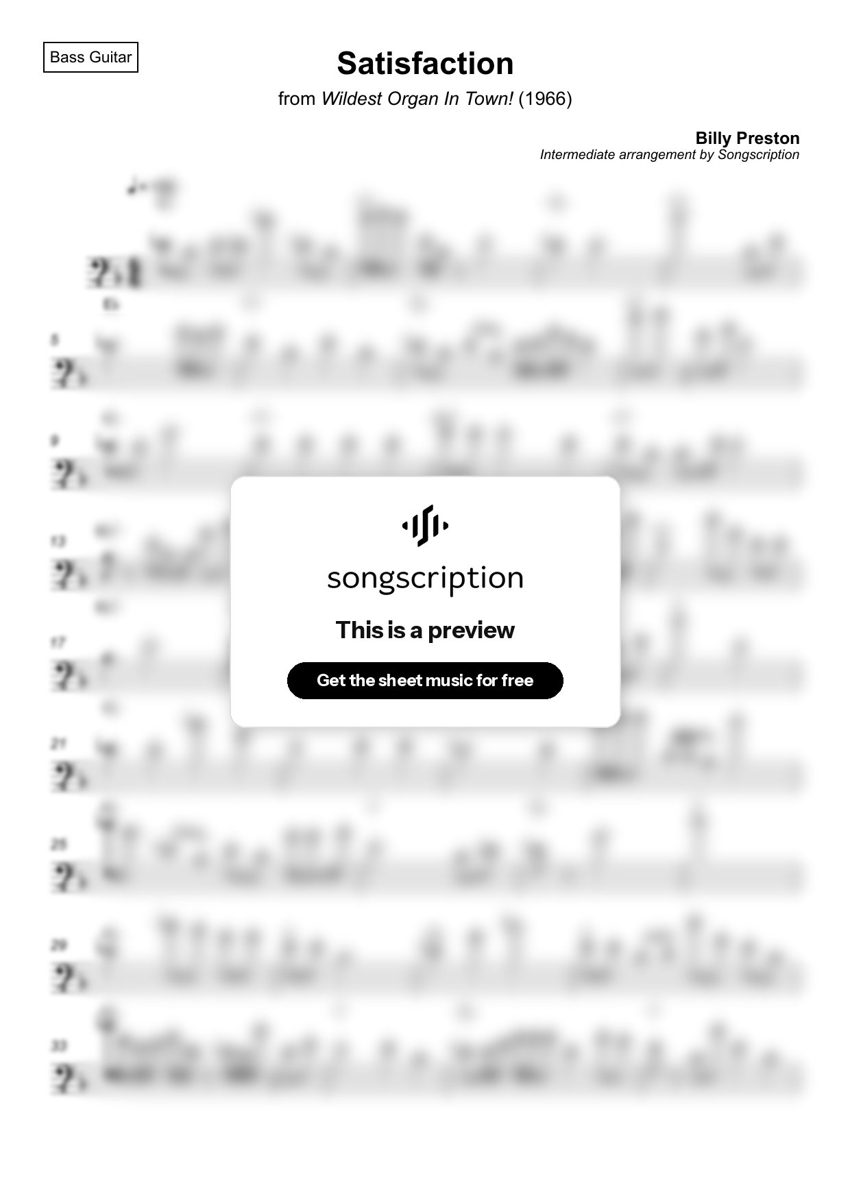 Intermediate Bass Guitar Sheet Music for "Satisfaction" by Billy Preston