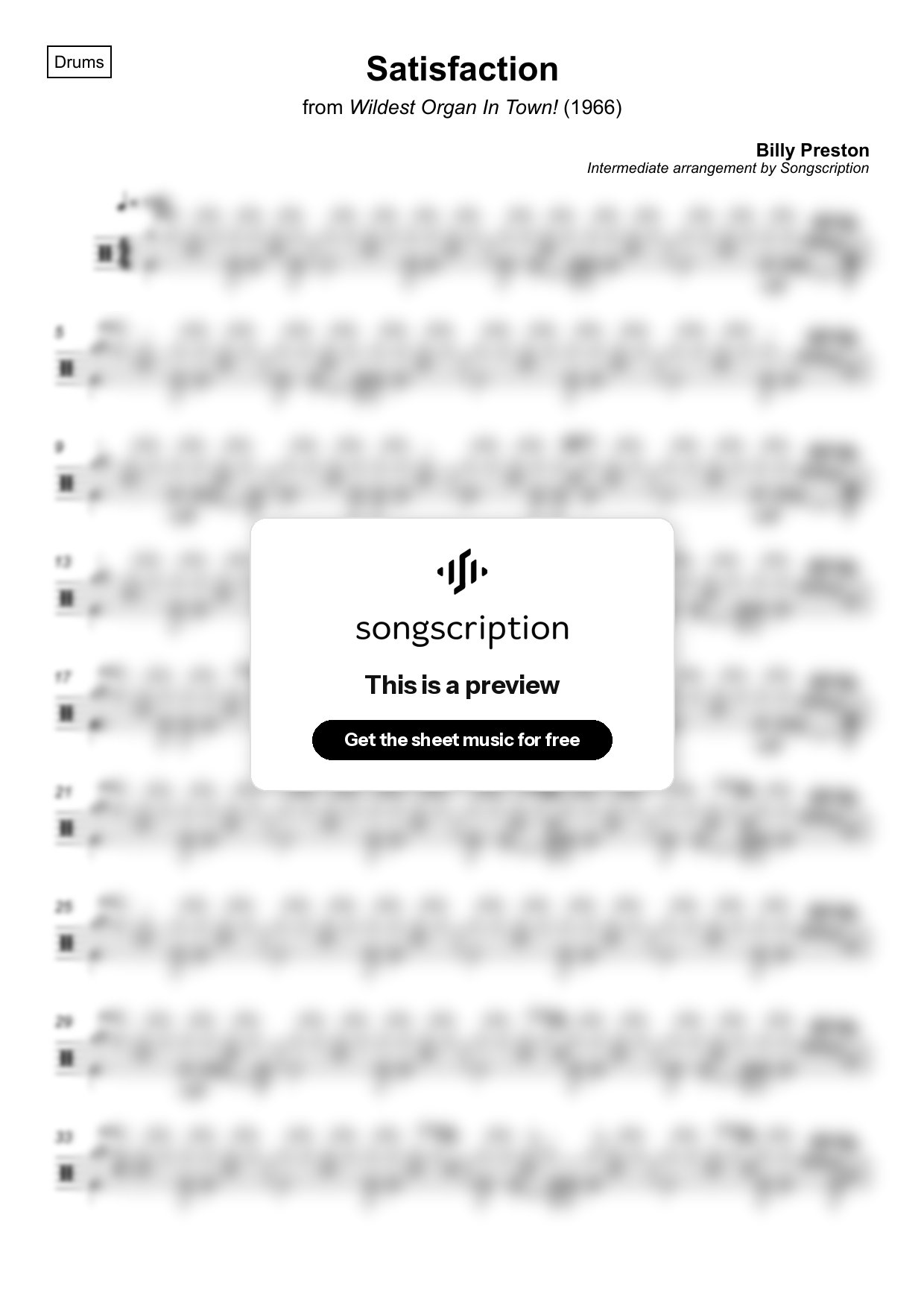 Intermediate Drums Sheet Music for "Satisfaction" by Billy Preston
