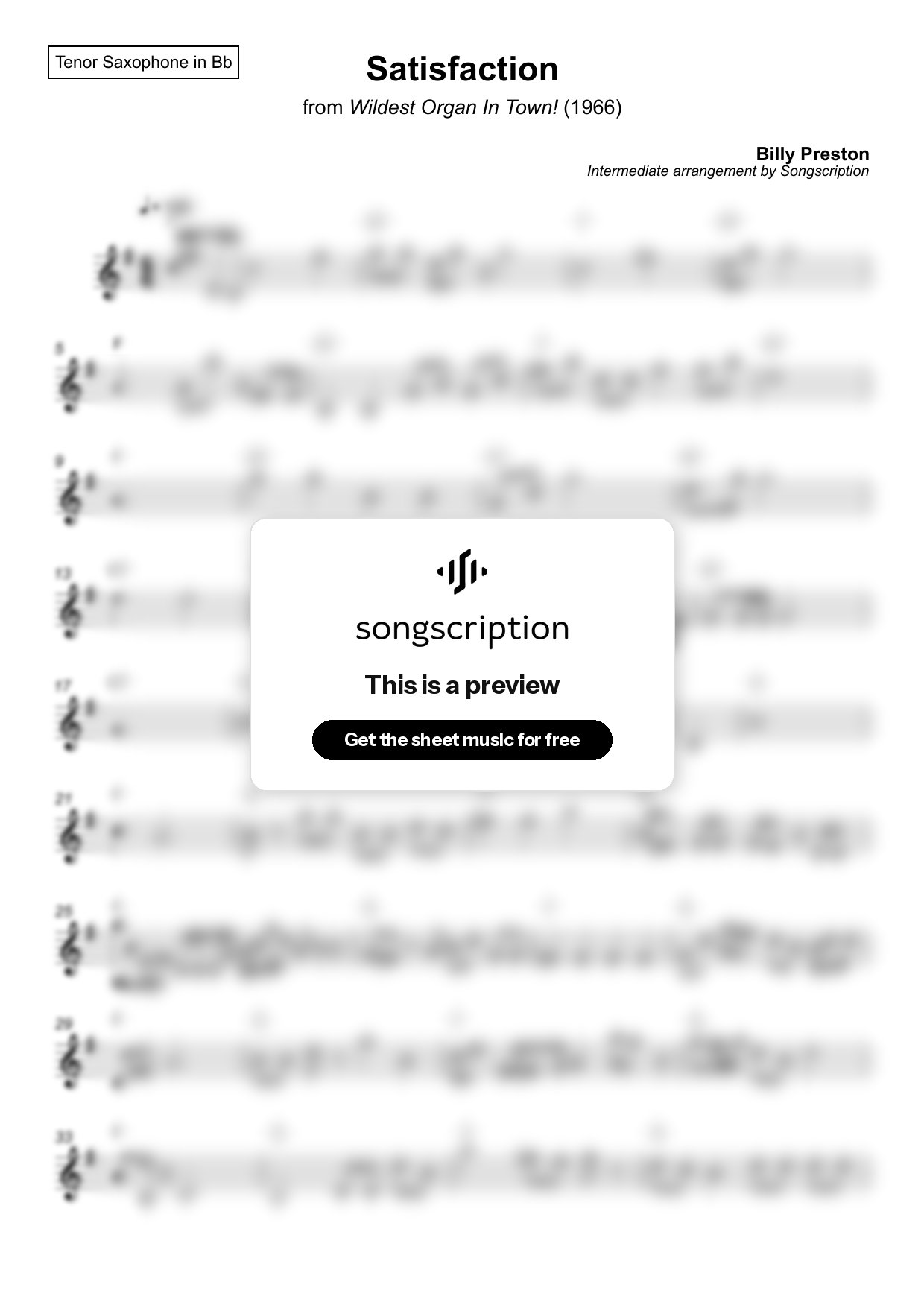 Intermediate Tenor Sax Sheet Music for "Satisfaction" by Billy Preston