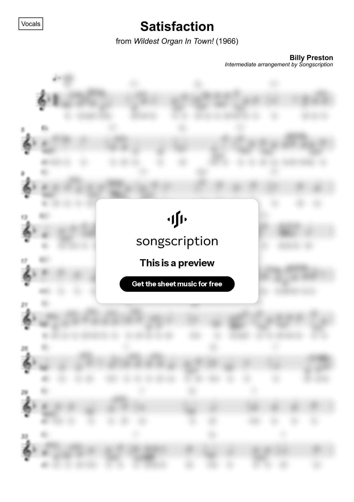 Intermediate Vocals Sheet Music for "Satisfaction" by Billy Preston
