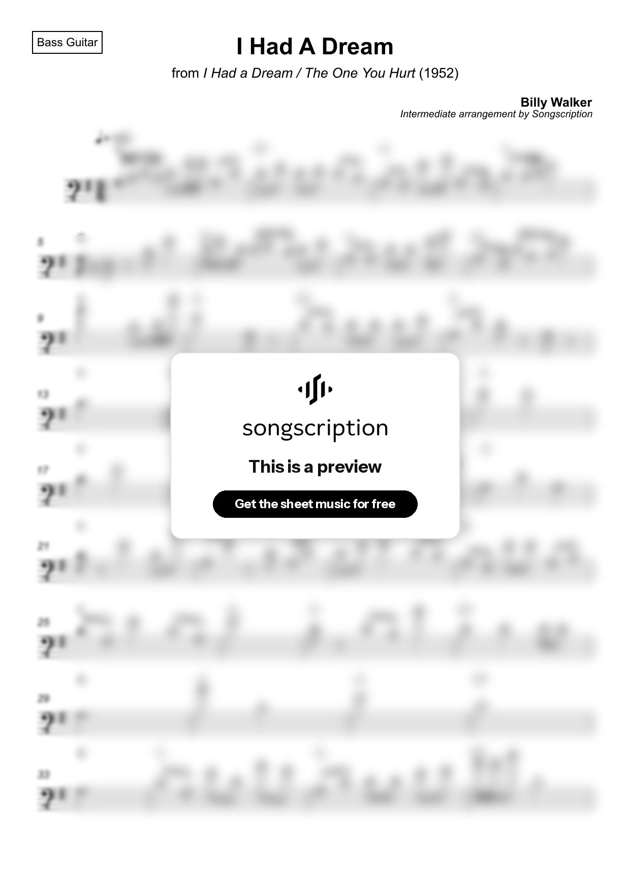 Intermediate Bass Guitar Sheet Music for "I Had A Dream" by Billy Walker