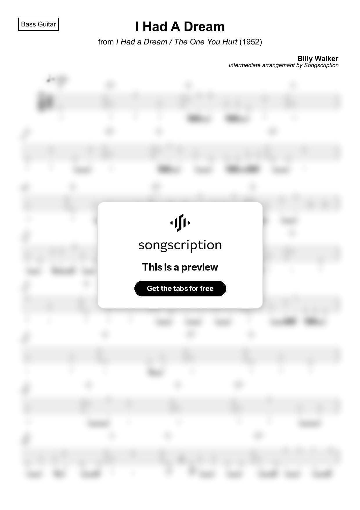 Intermediate Bass Guitar Tabs for "I Had A Dream" by Billy Walker