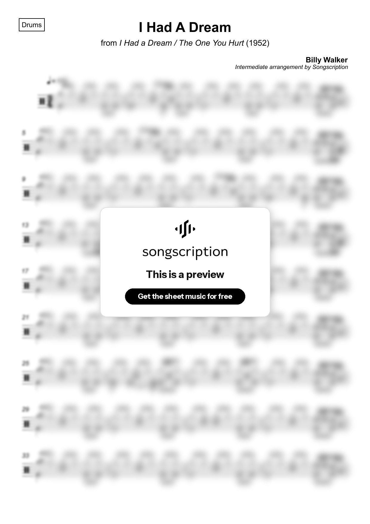 Intermediate Drums Sheet Music for "I Had A Dream" by Billy Walker