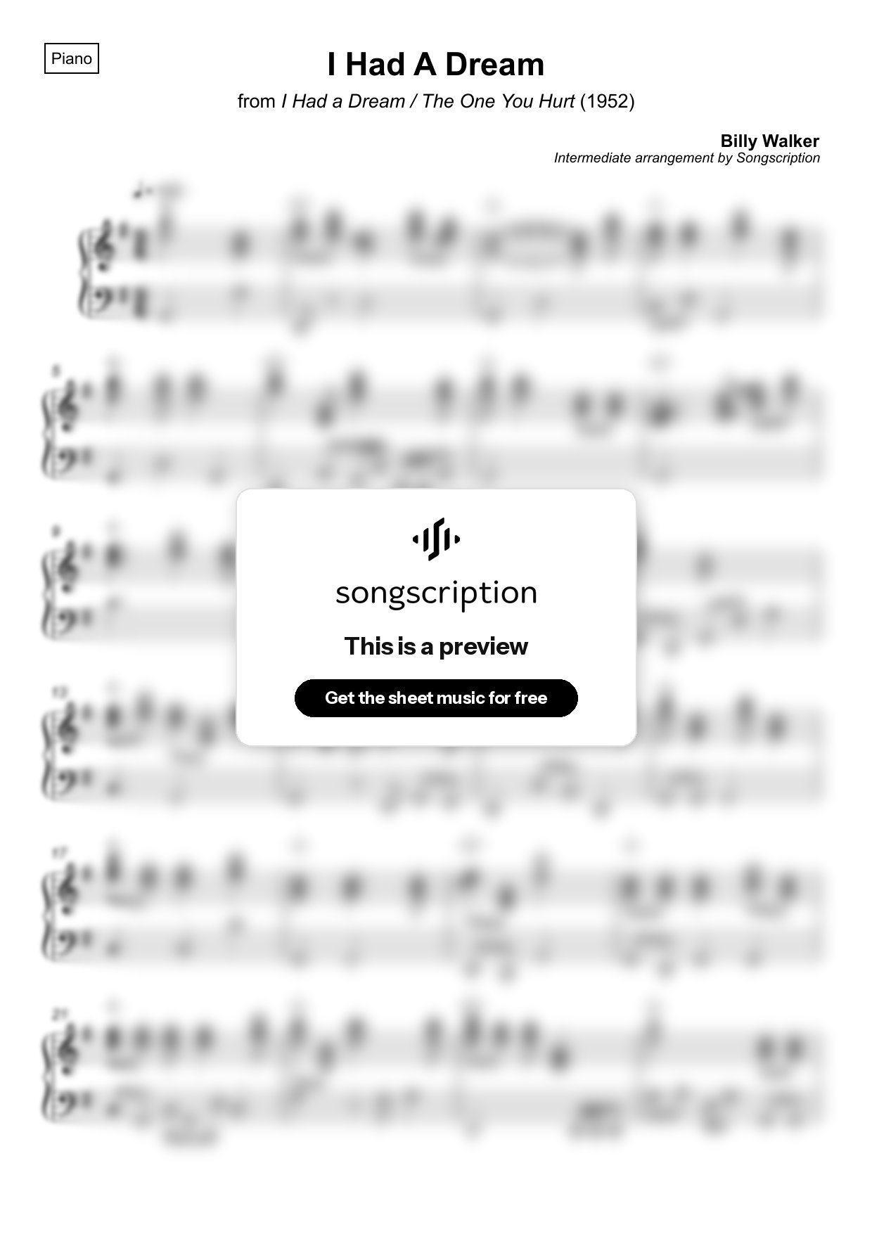 Intermediate Piano Sheet Music for "I Had A Dream" by Billy Walker