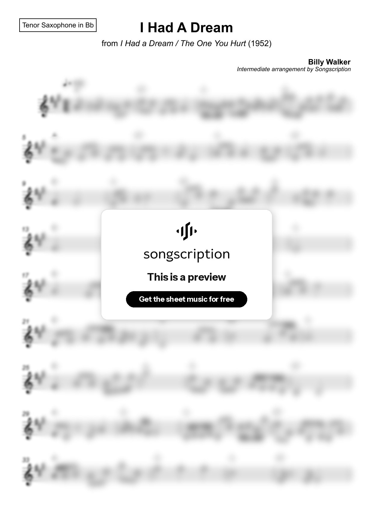 Intermediate Tenor Sax Sheet Music for "I Had A Dream" by Billy Walker